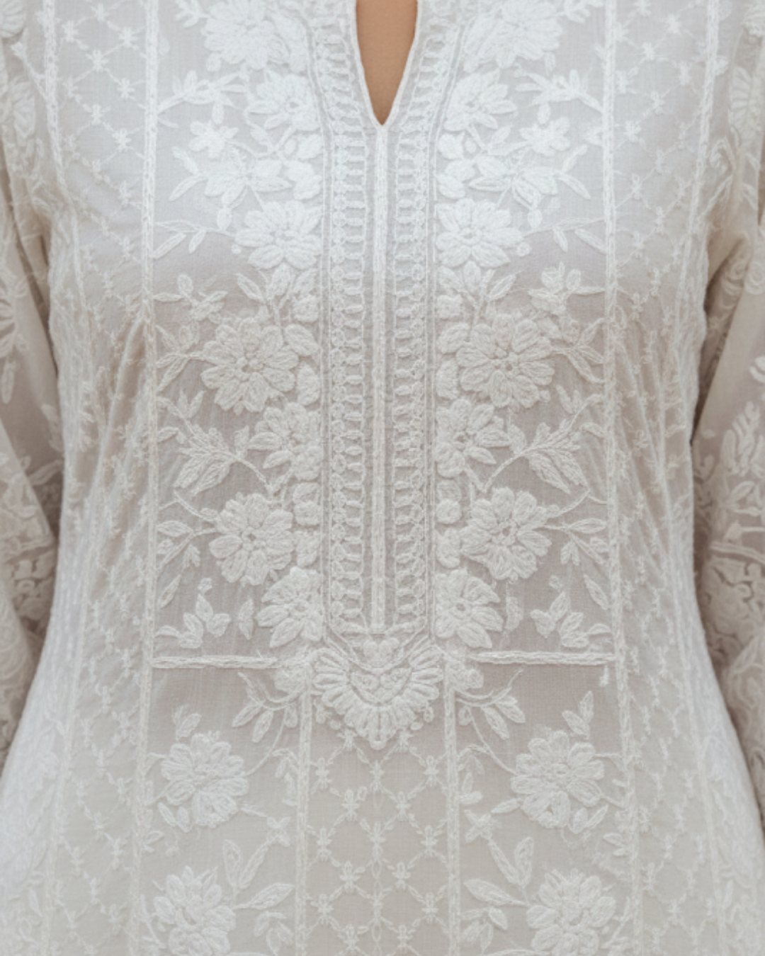 Semistitched White Chikankari Katdana Anarkali Suit Set