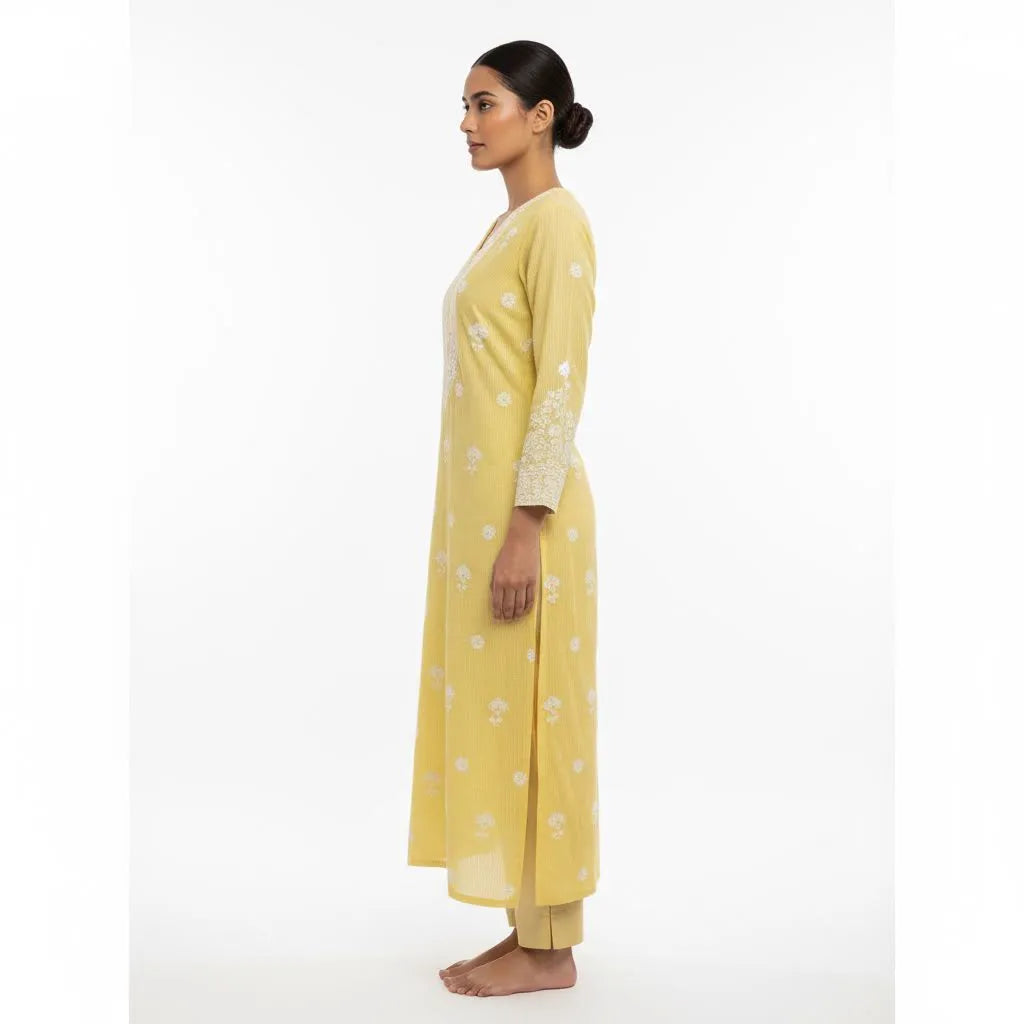 Yellow Chikankari Kota Unstitched Kurta with Pearl Work