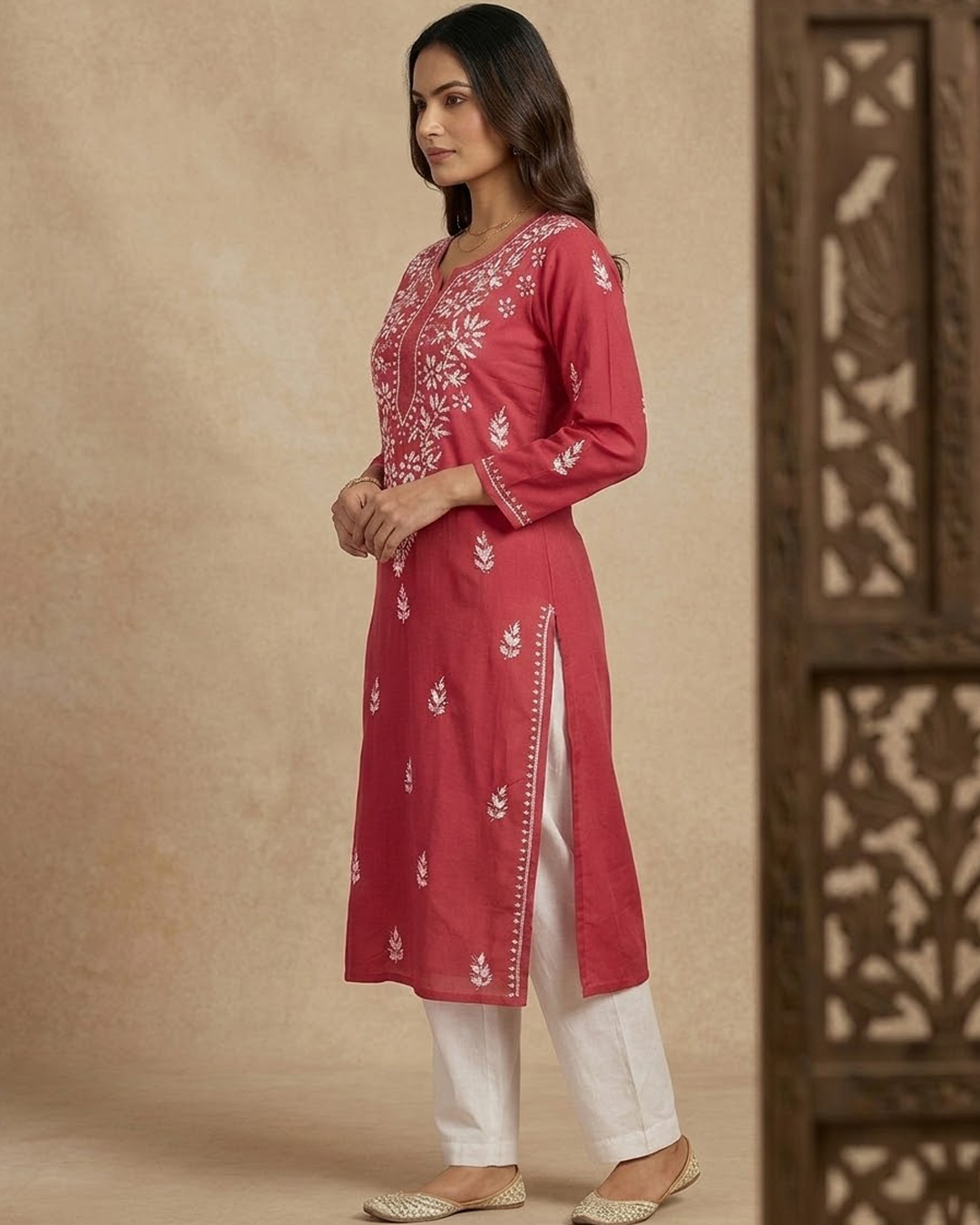 Red Embroidery Chikankari Rayon Long Kurti