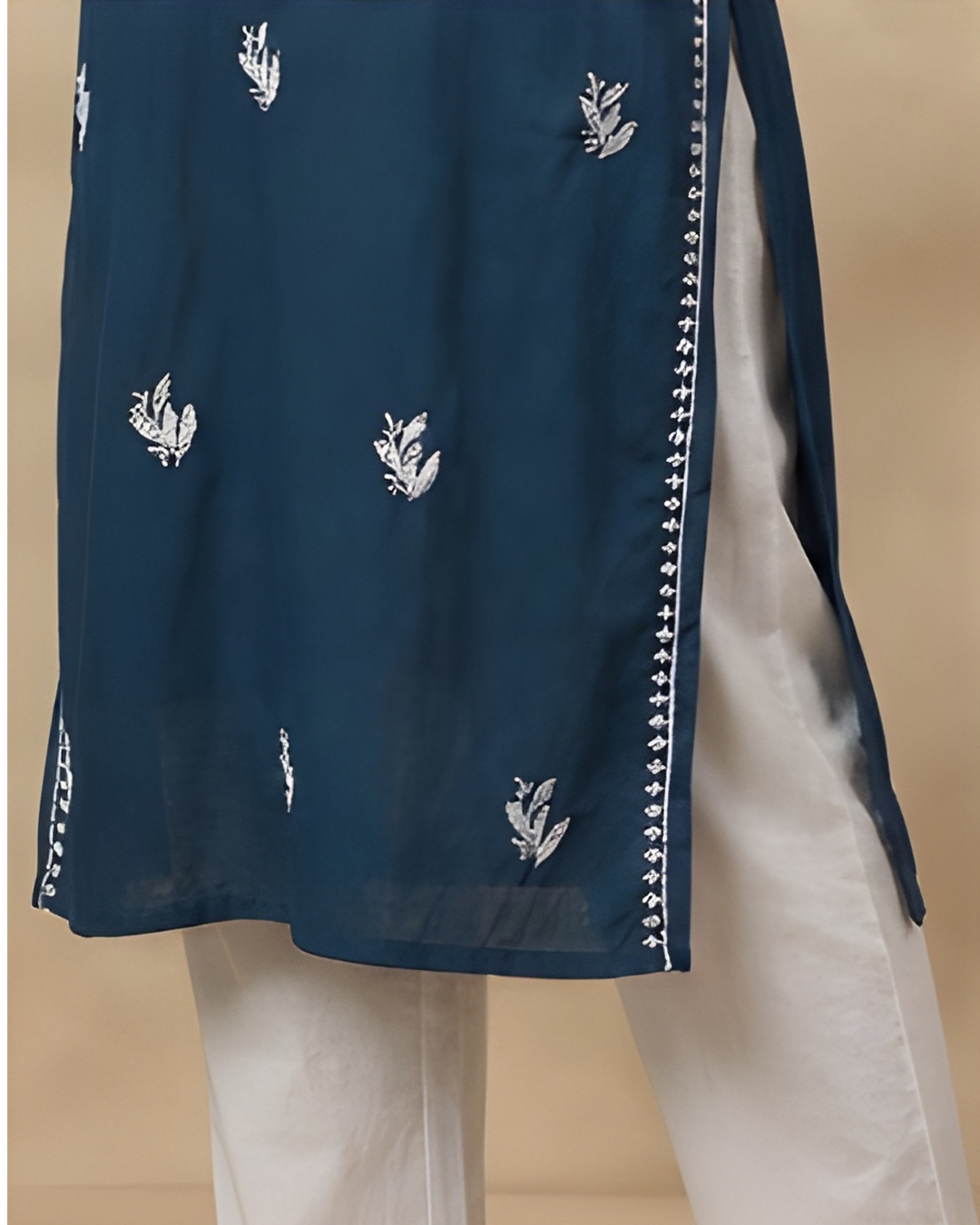 Blue Embroidery Chikankari Rayon Long Kurti