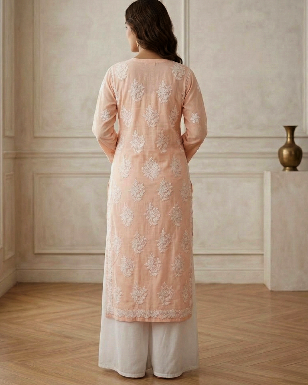 Orange Readymade Cotton Chikankari Kurta