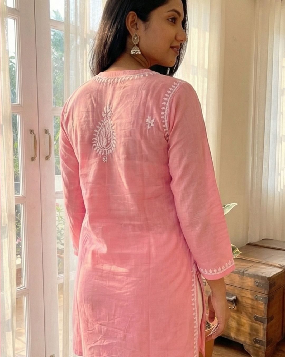 Pink Readymade Cotton Short Kurti