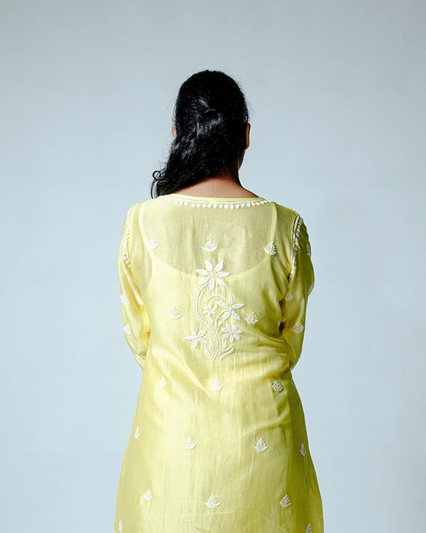 Yellow Muslin Co-ord Set With Ghaspatti chikankari work