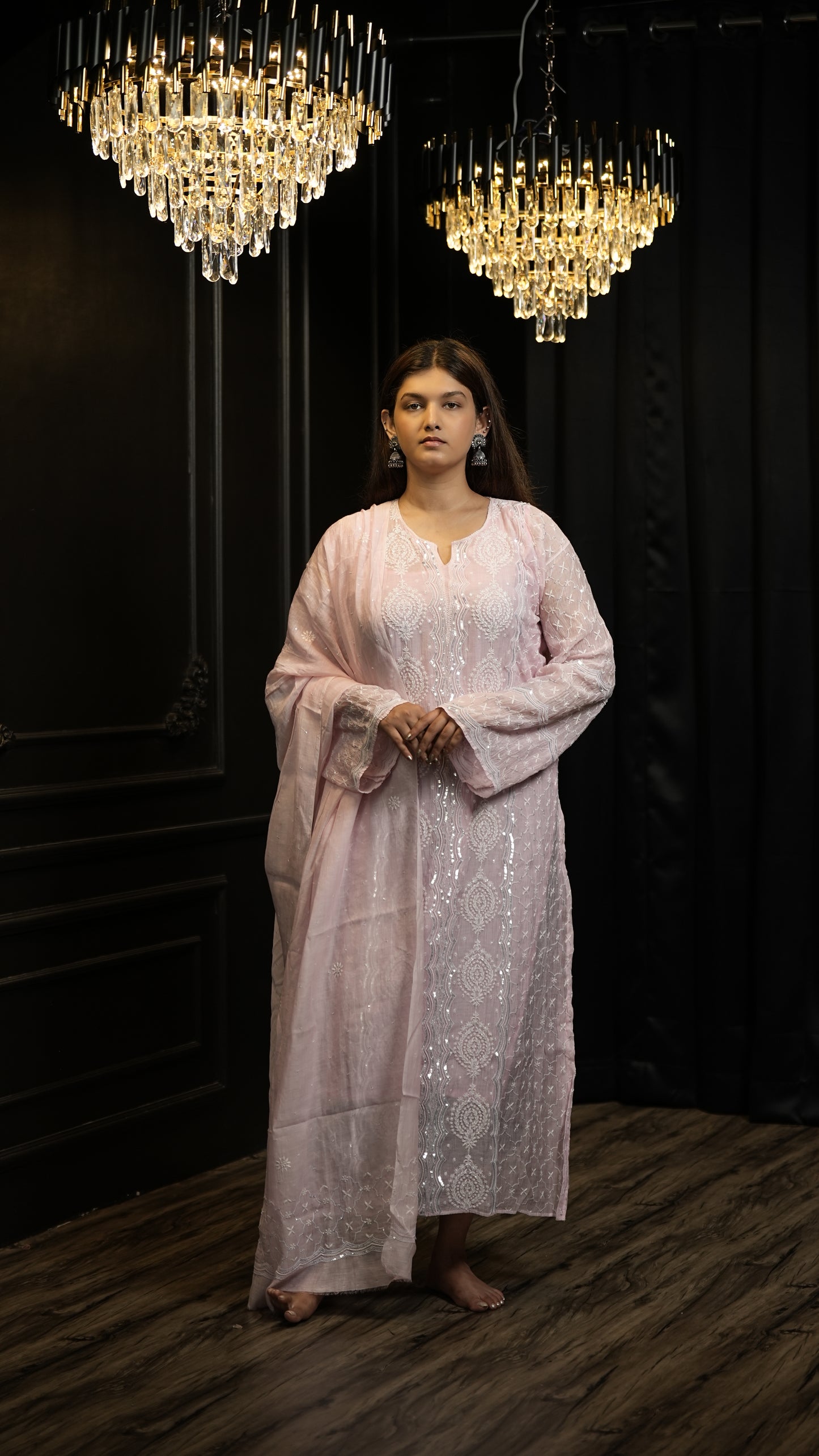 Pink Semistitched Mulchanderi Kurta Dupatta Set