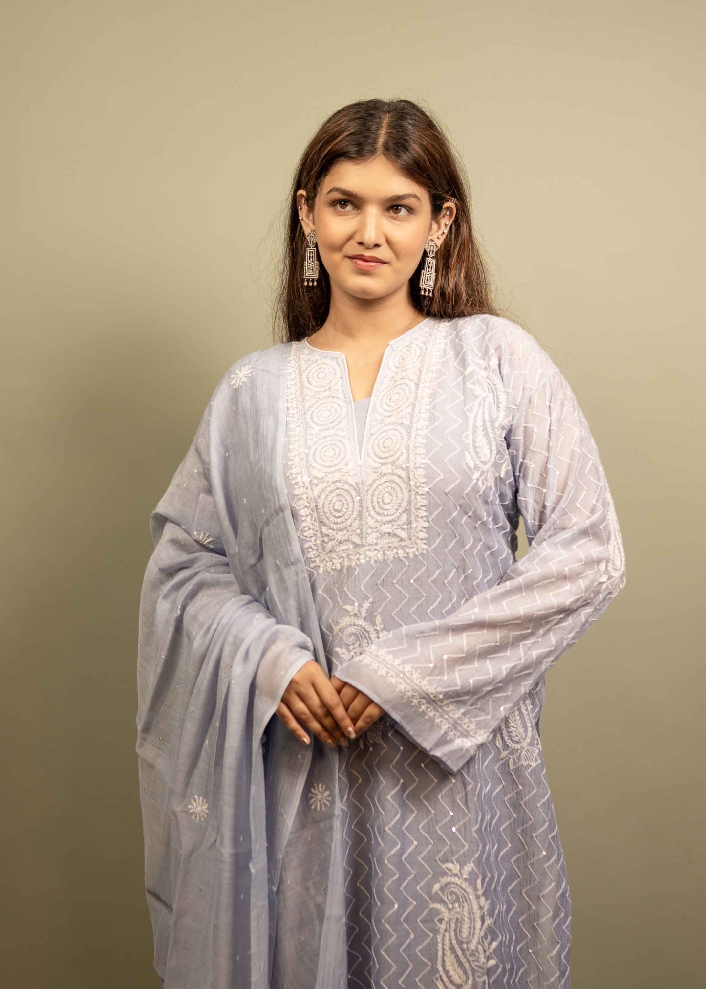 Mul Chanderi Chikankari Suit Set with Sequins & Katdana Detailing