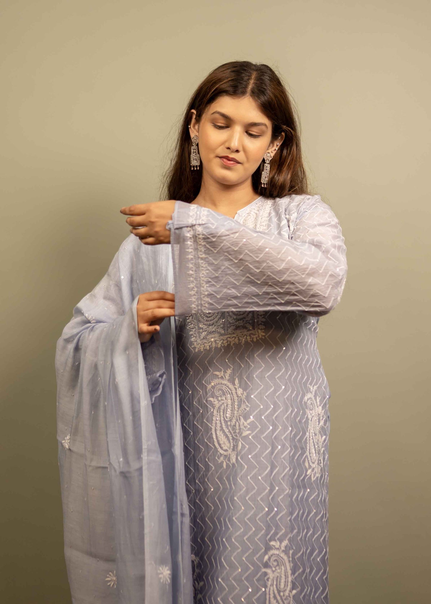 Mul Chanderi Chikankari Suit Set with Sequins & Katdana Detailing