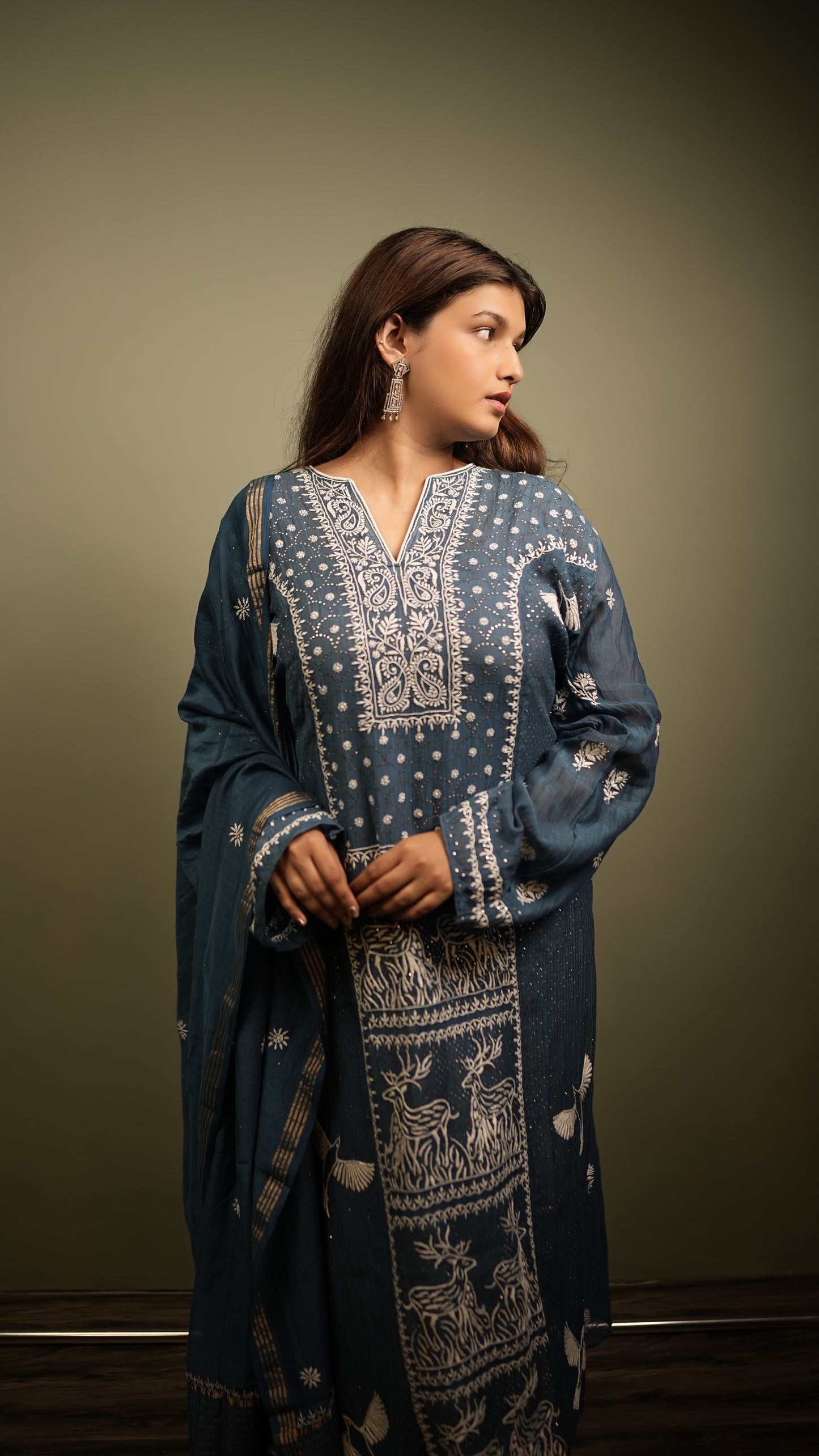 Navy Blue Semistitched Mulchanderi Kurta Dupatta Suit Set