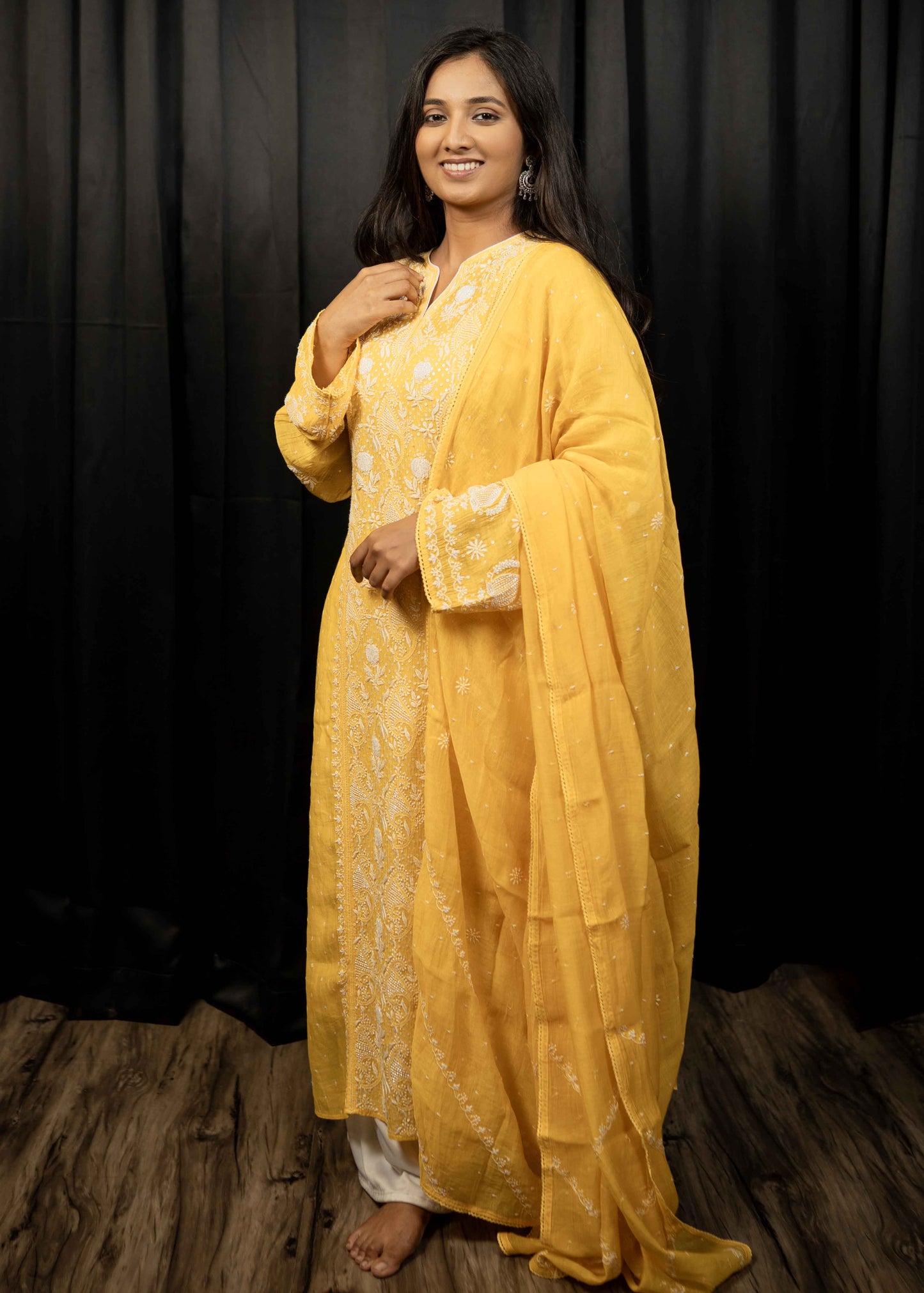 Mul Chanderi Chikankari Suit Set with Sequins & Katdana Detailing