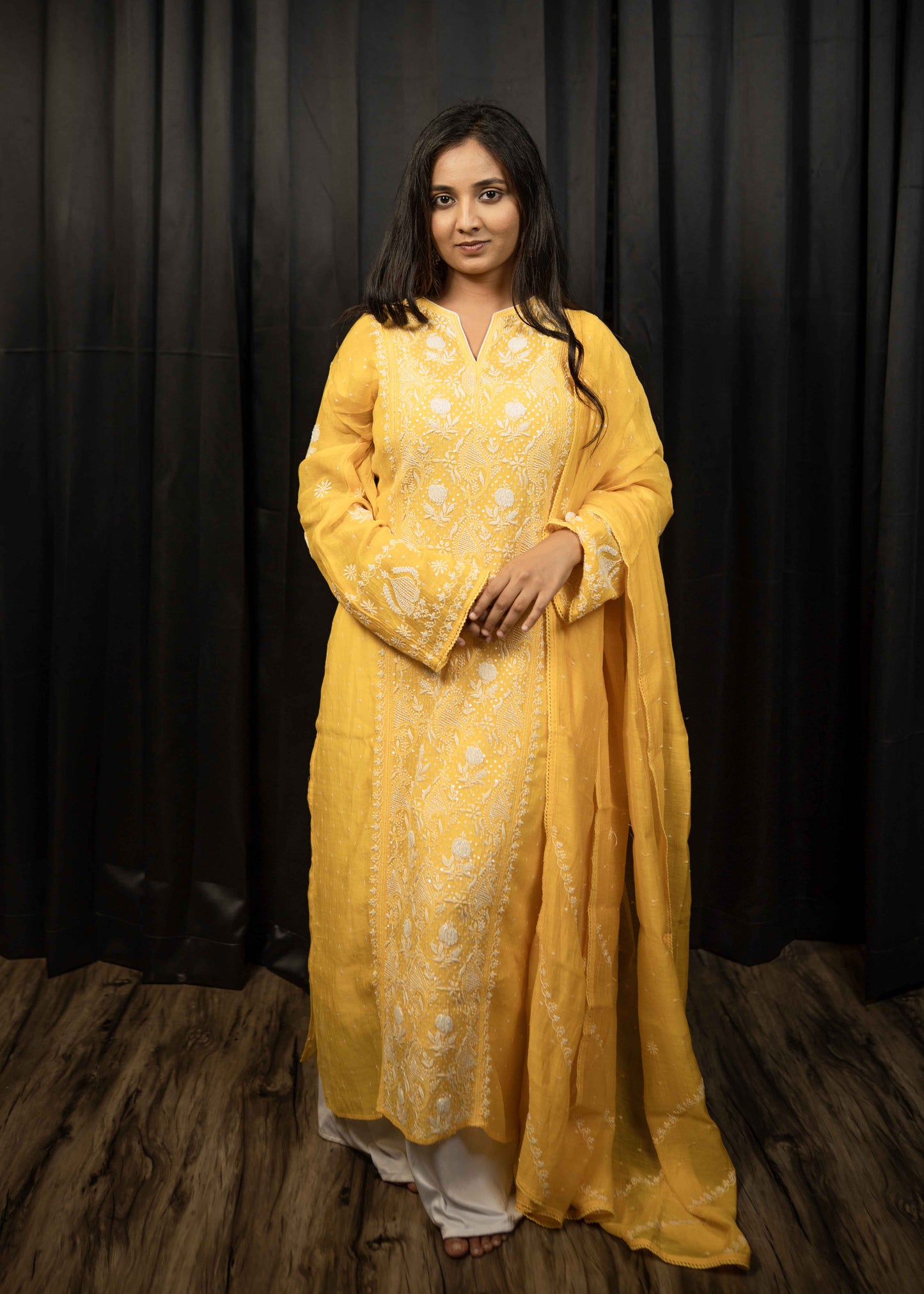 Mul Chanderi Chikankari Suit Set with Sequins & Katdana Detailing