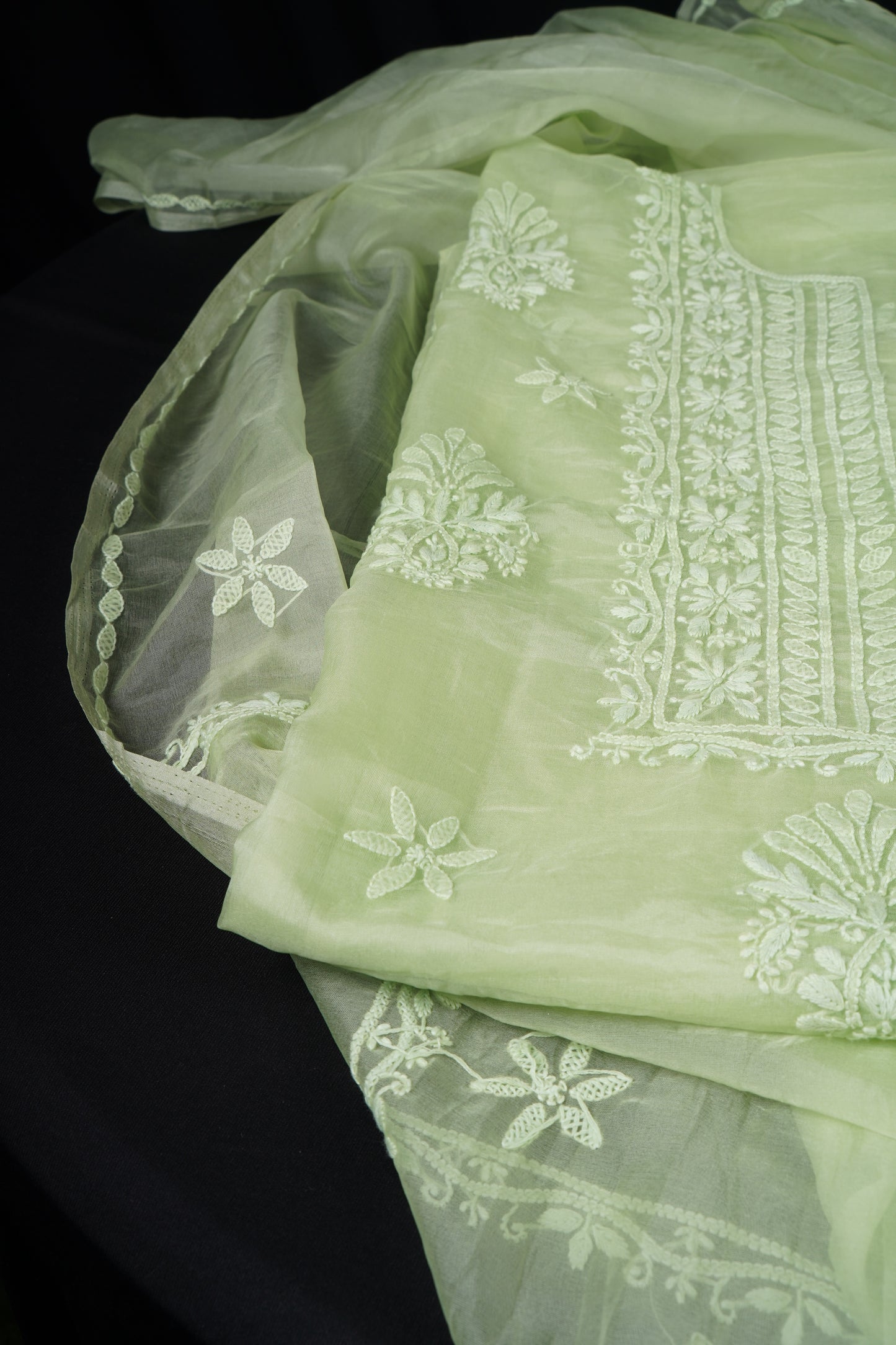 Pastel Green Organza Chikankari Unstitched Suit Set