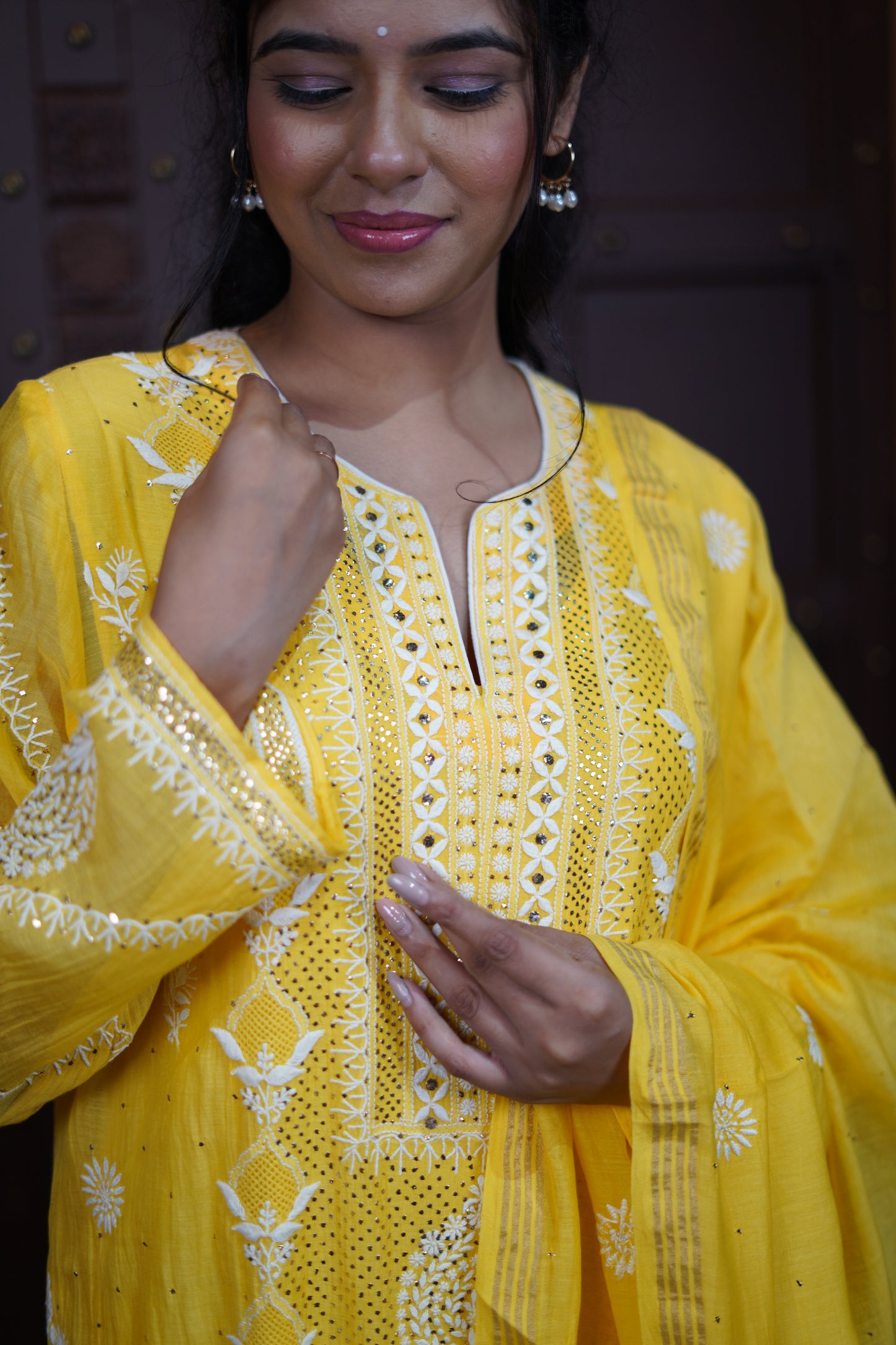 Mukaish Chikankari Suit Set - Minion Yellow
