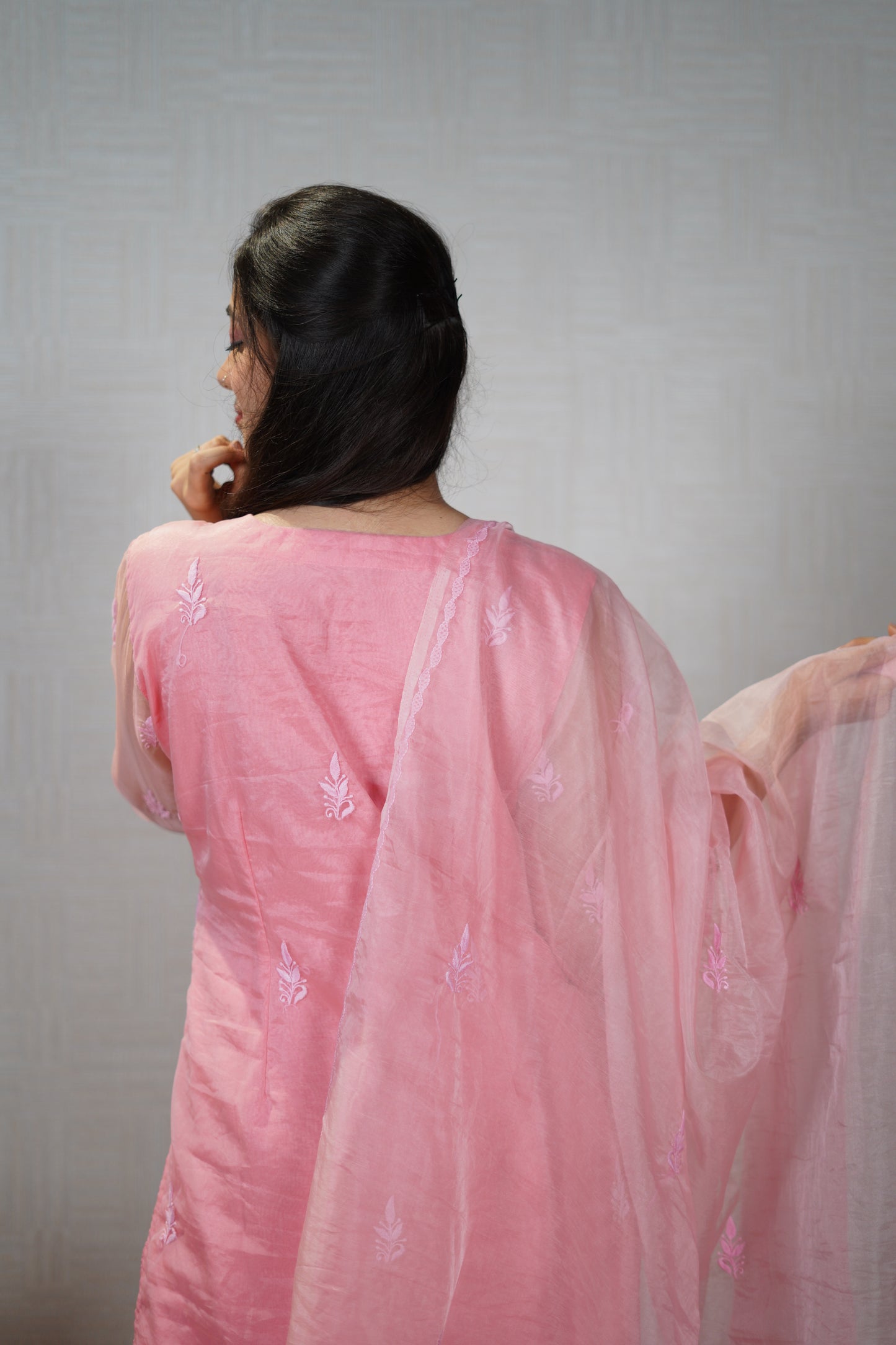 Pink and Blue Organza Chikankari Unstitched Suit Set