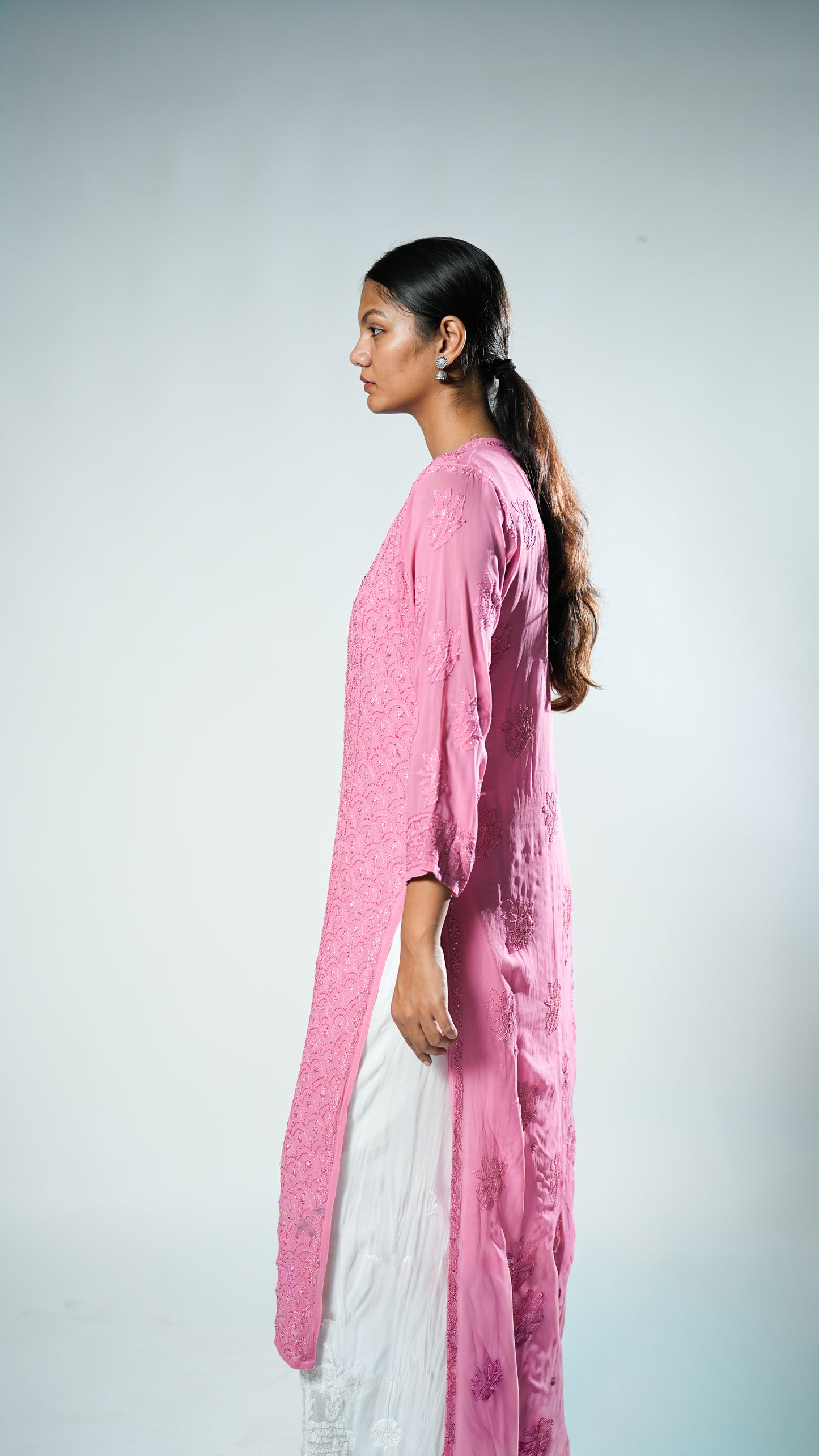 Resham Viscose Georgette Kurta In Rose Pink Color