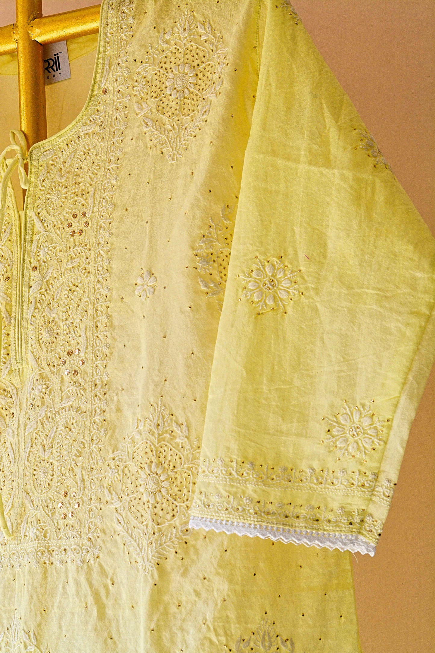 Semistitched Chikankari Mulchanderi With Mukaish Work Suit Set