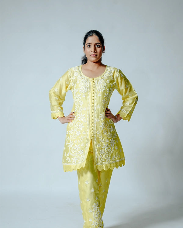 Yellow Muslin Co-ord Set With Ghaspatti chikankari work