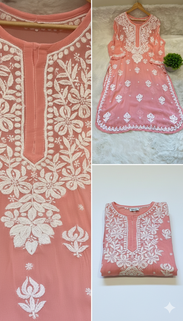 Peach Viscose Georgette Chikankari Readymade Kurta