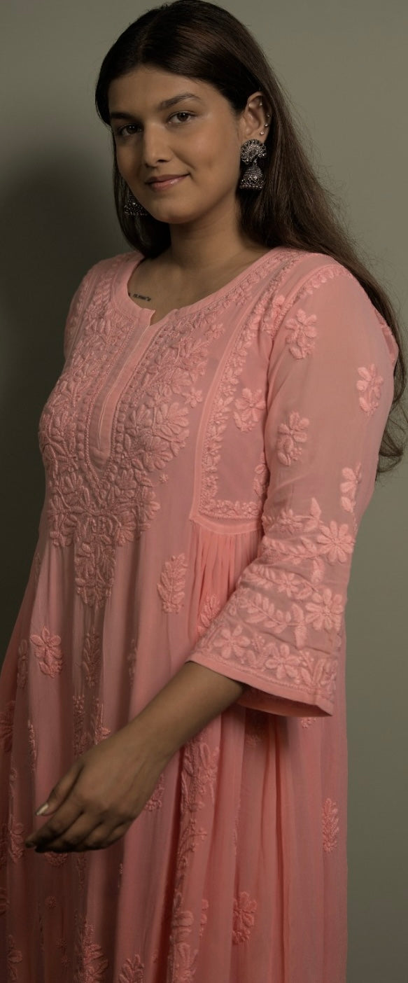 Peach Bloom Ombré Georgette Anarkali Kurti / Dress