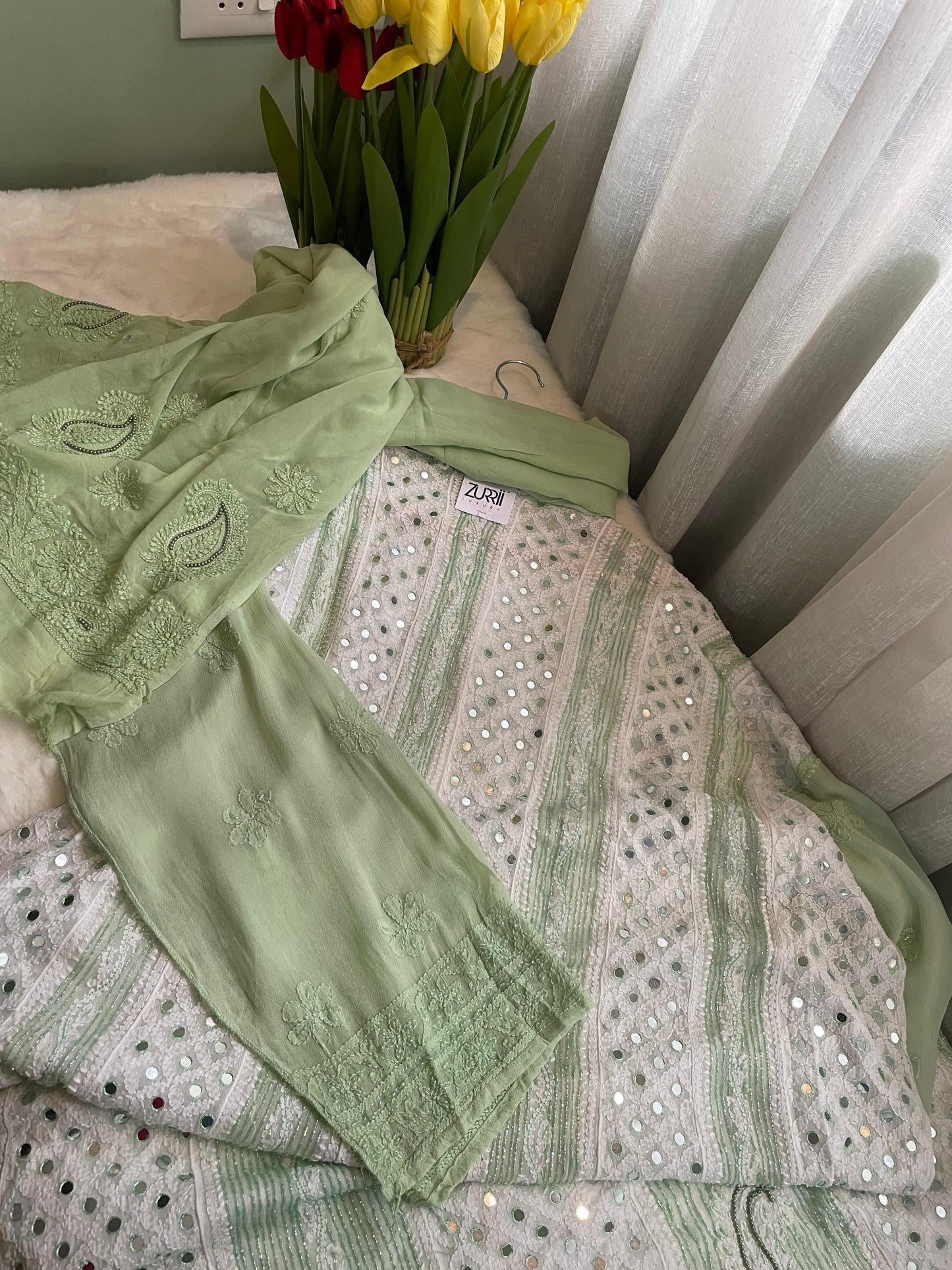 White Anarkali Chikankari Swarovski Suit Set