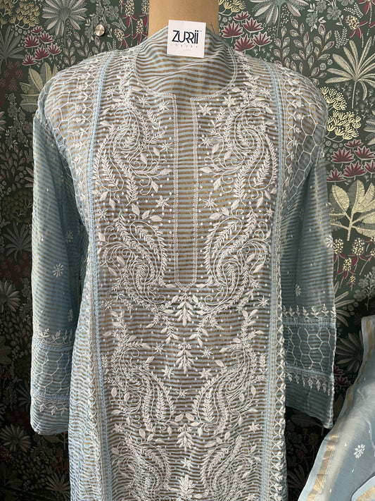 Blue Mulchanderi Tissue Semistitched Chikankari Suit Set with Pearl and Sequin work