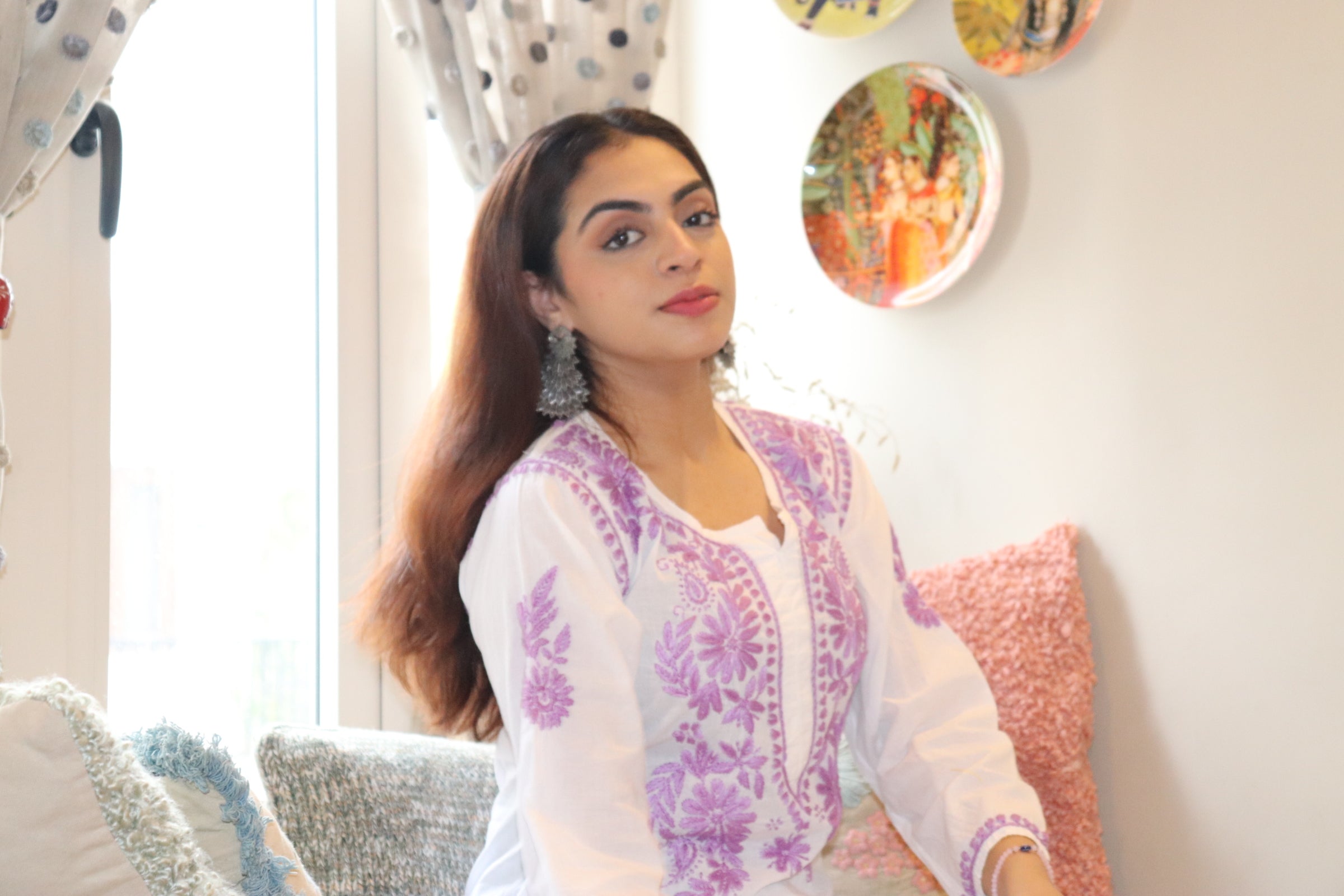 White Chikankari Long Kurta With Purple Embroidery.