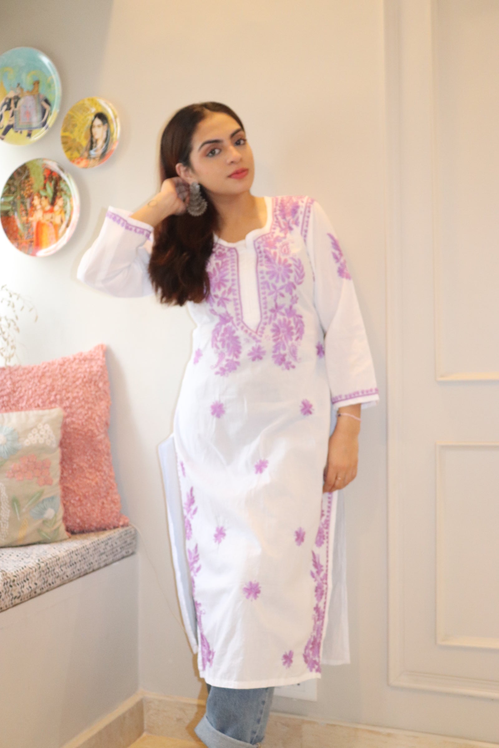 White Chikankari Long Kurta With Purple Embroidery.
