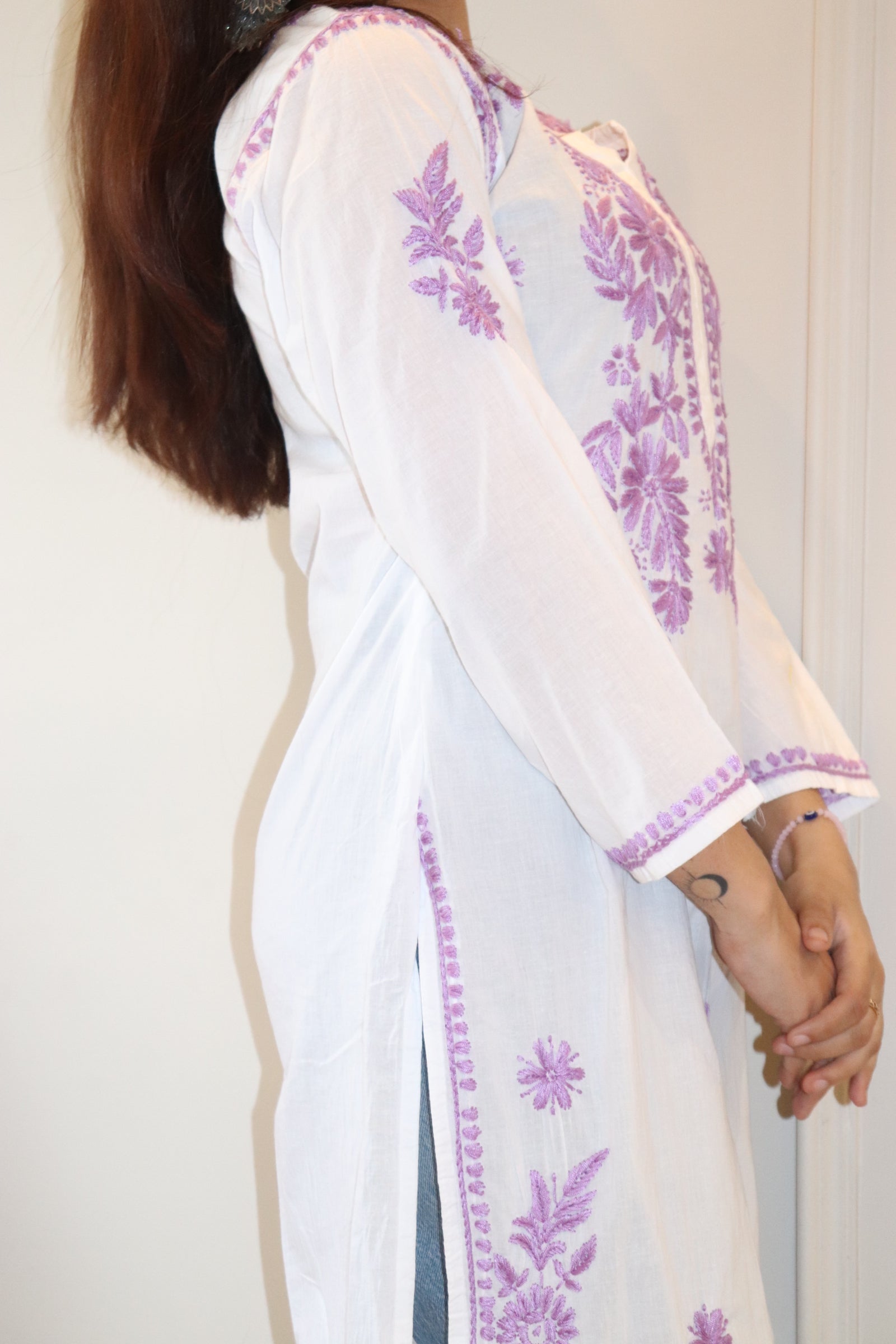 White Chikankari Long Kurta With Purple Embroidery.