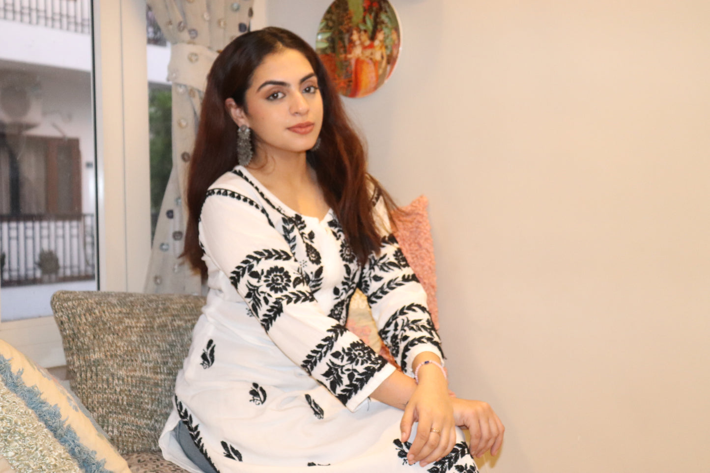 White Modal Long Kurti With Black Embroidery.