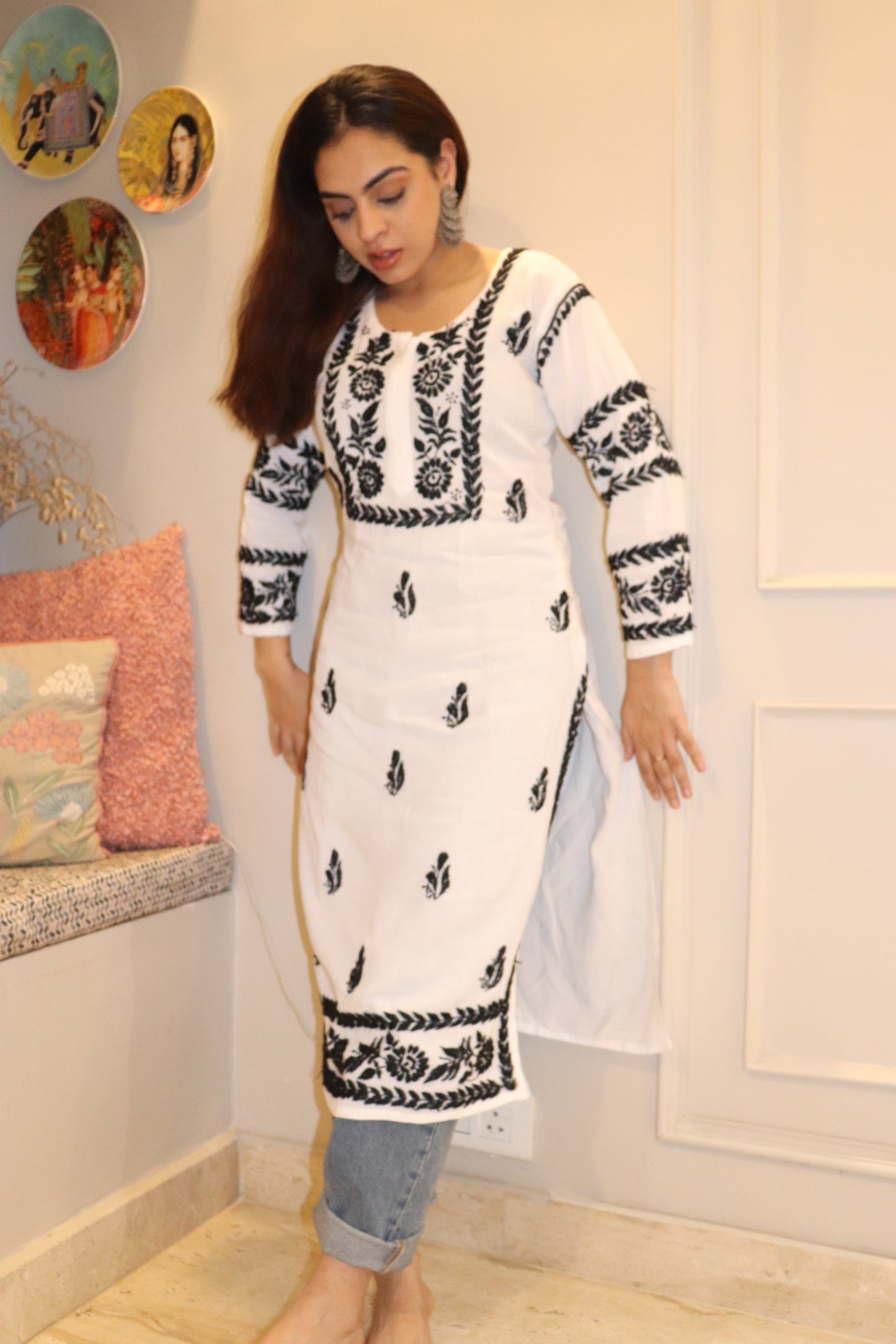White Modal Long Kurti With Black Embroidery.