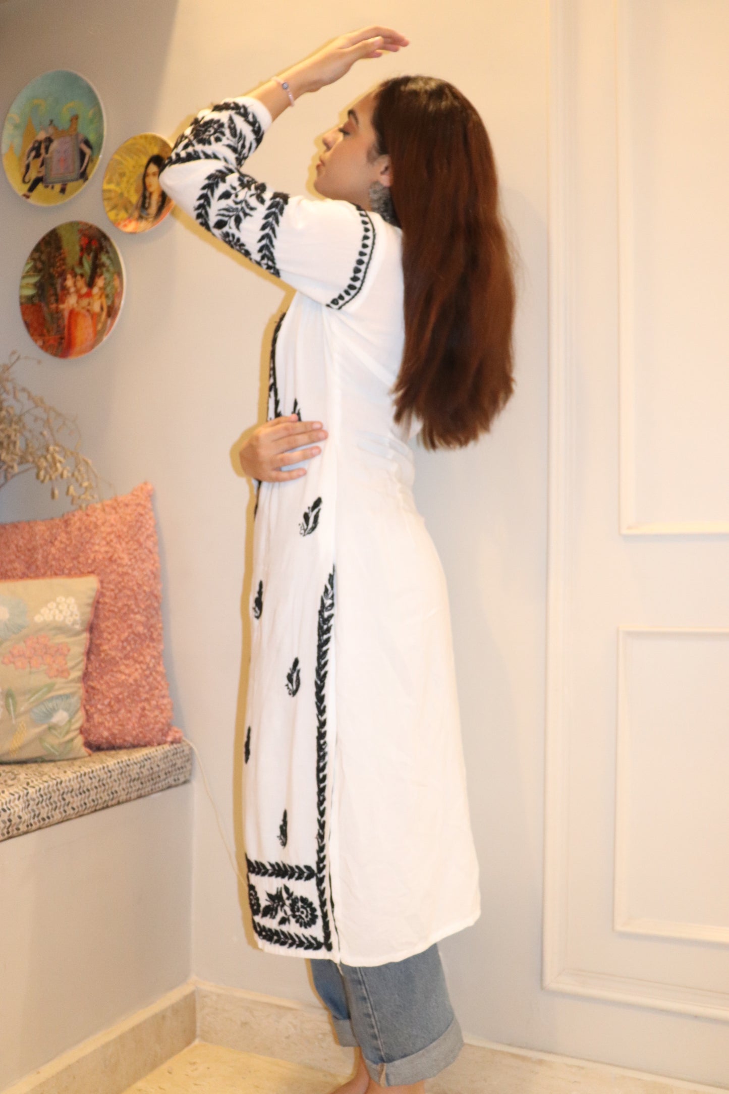 White Modal Long Kurti With Black Embroidery.