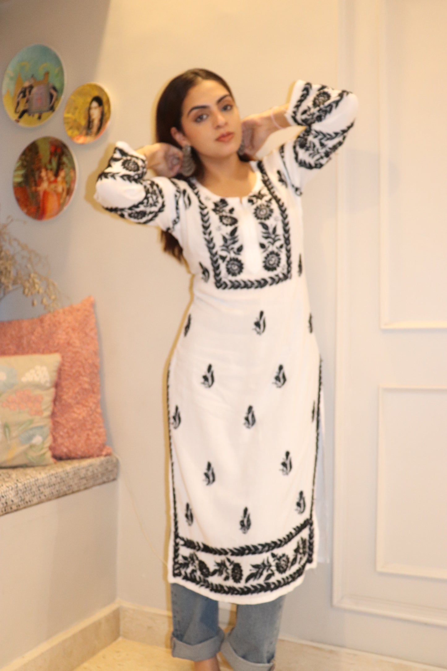 White Modal Long Kurti With Black Embroidery.