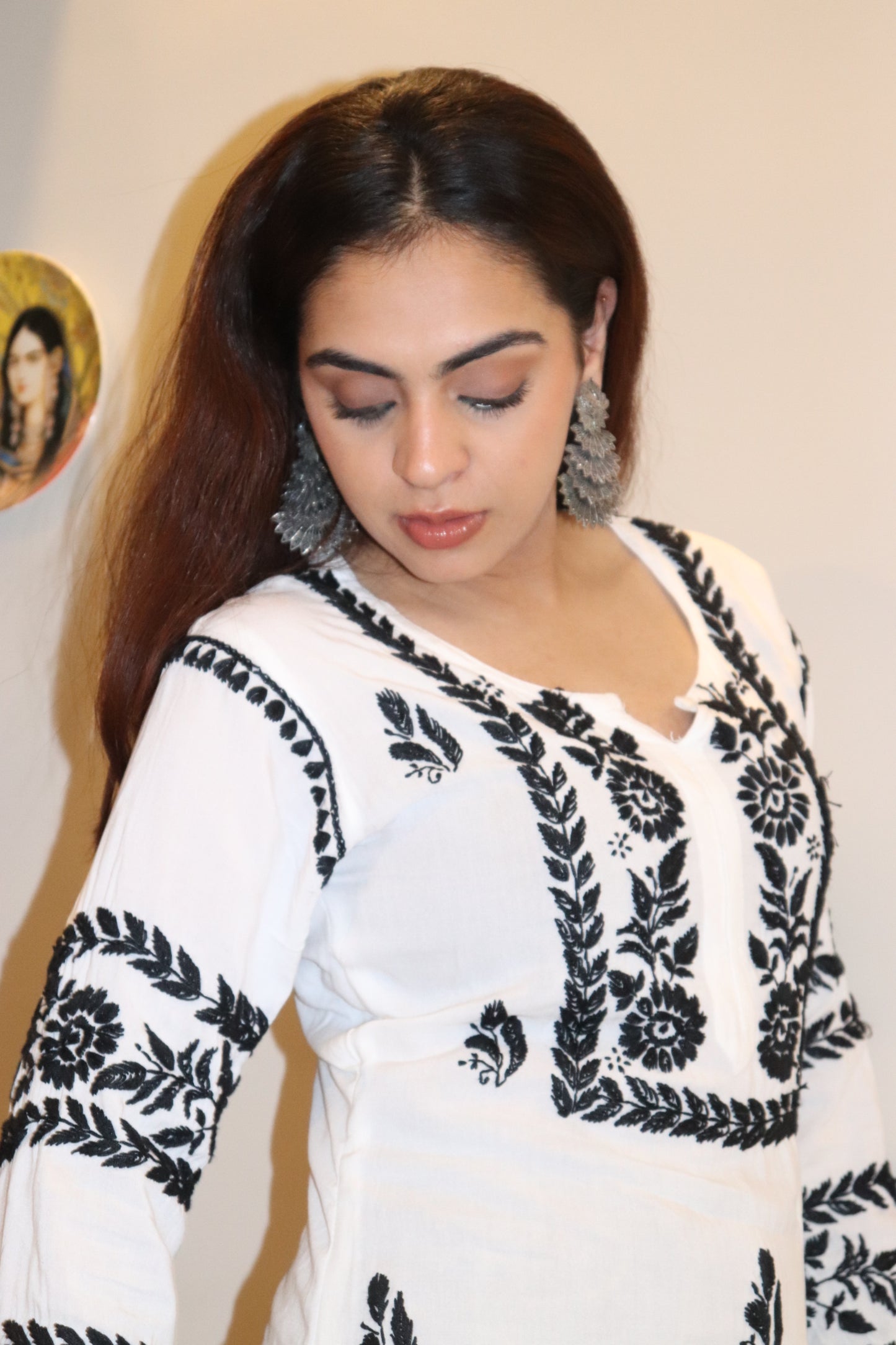 White Modal Long Kurti With Black Embroidery.