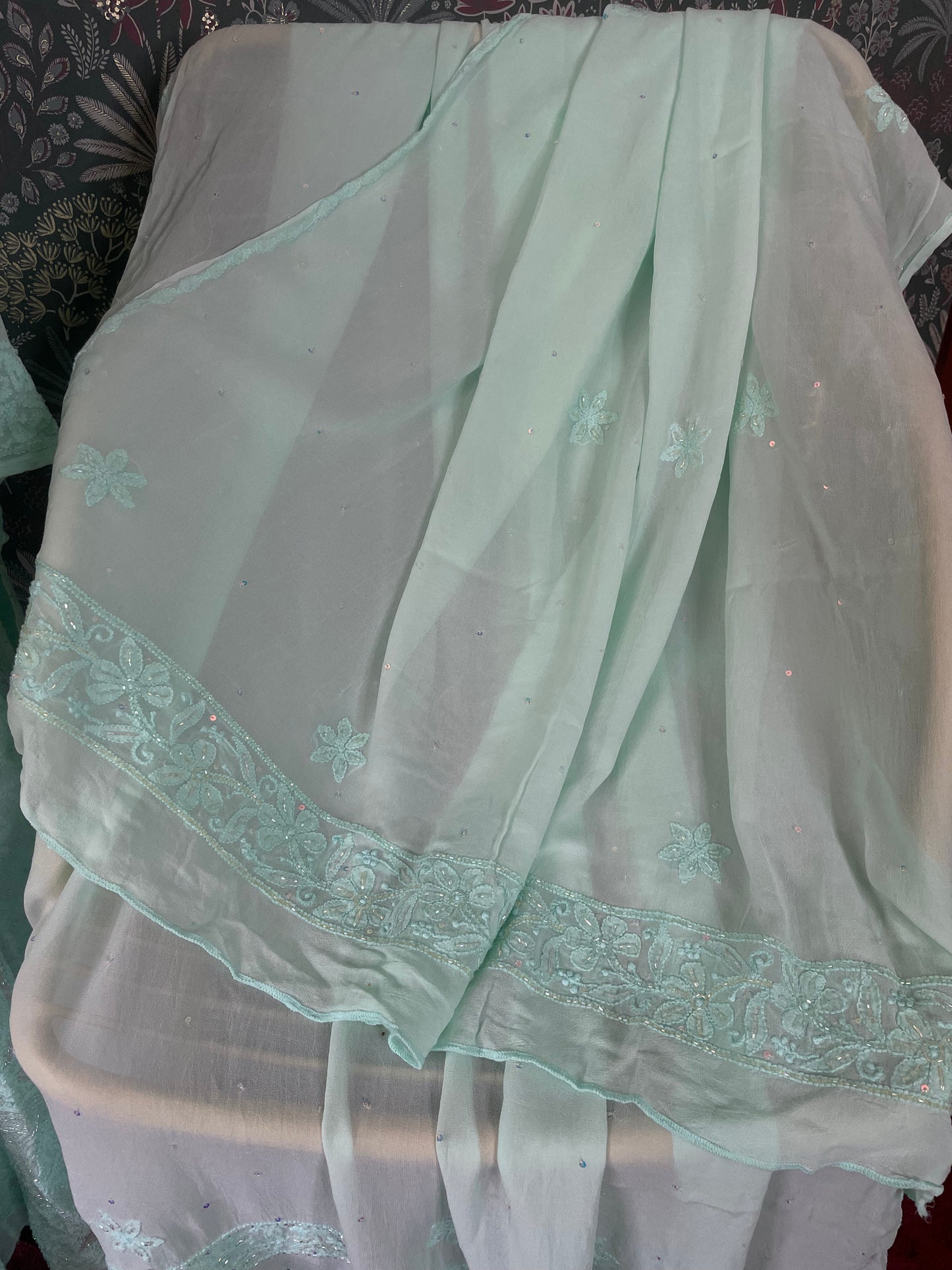 Pantone Aruba Blue Semistitched Anarkali Suit Set