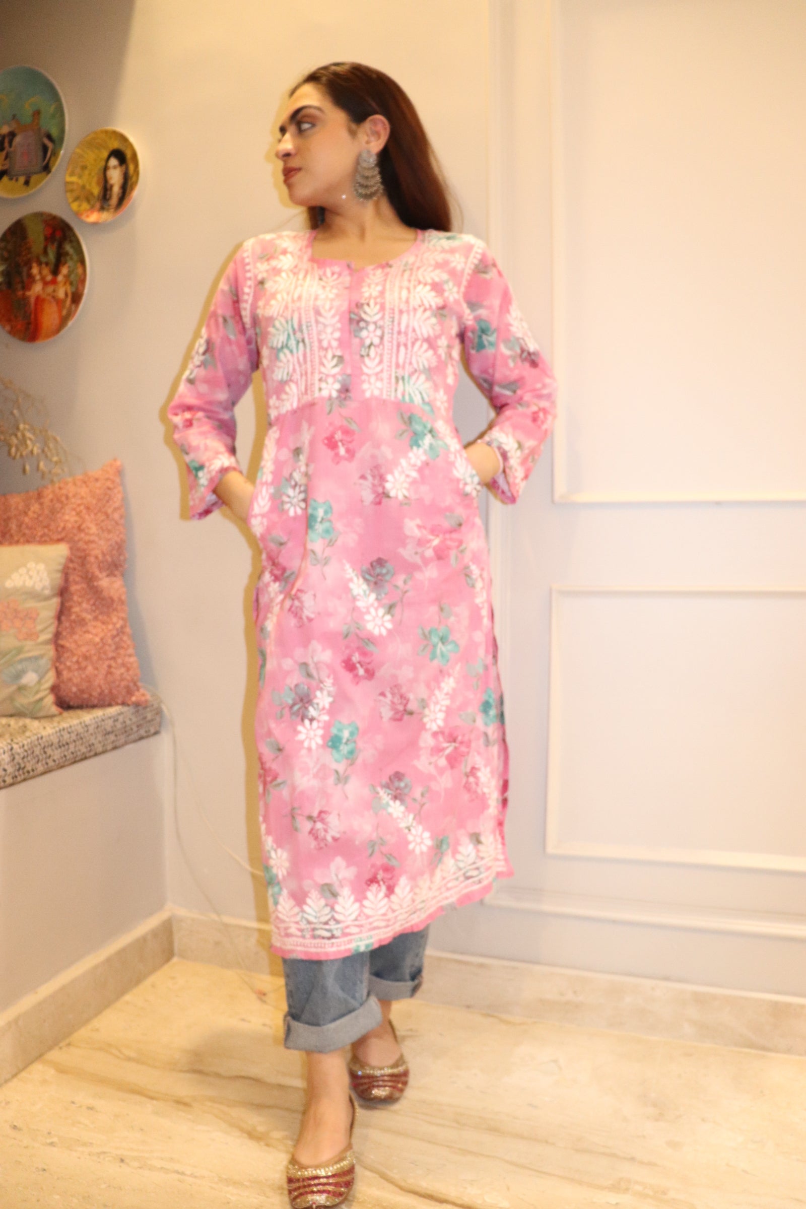 Pink Mulmul Pocket Kurti With White  Embroidery.