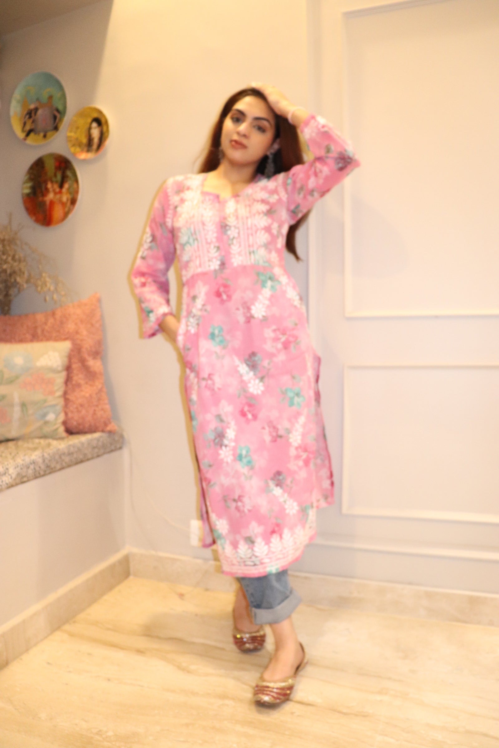 Pink Mulmul Pocket Kurti With White  Embroidery.