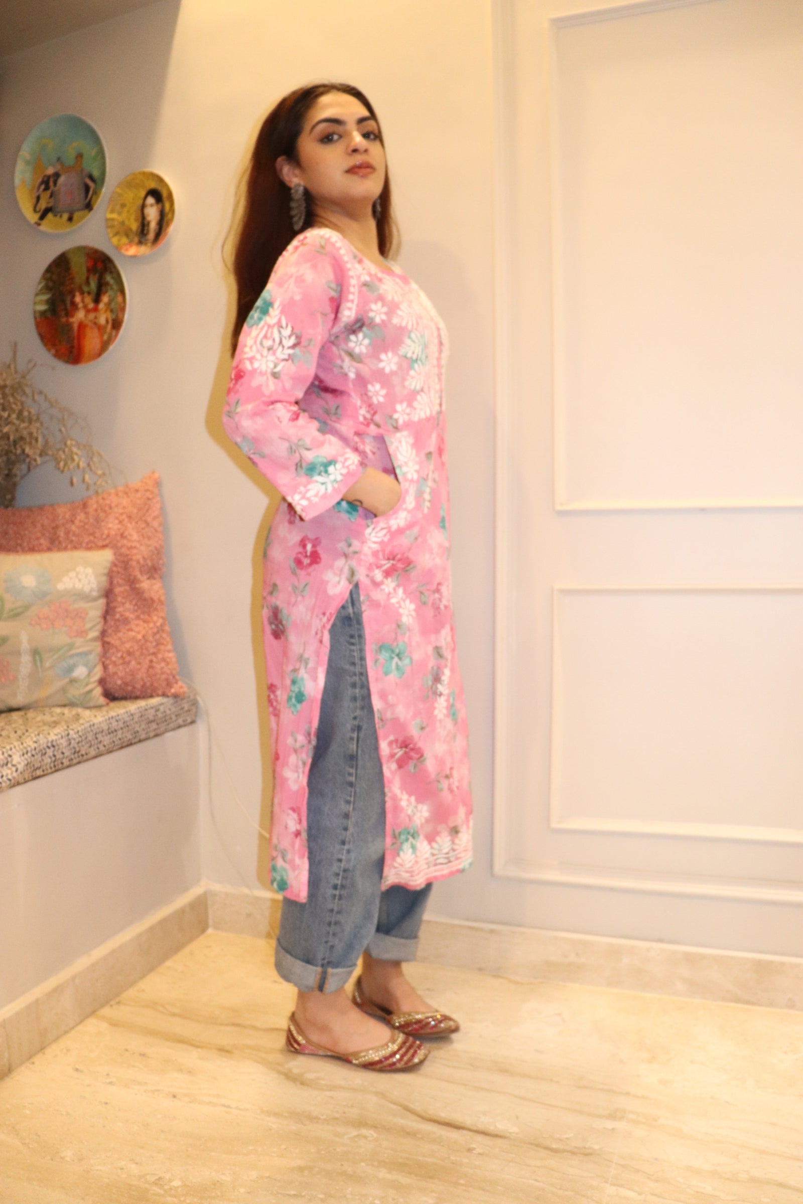 Pink Mulmul Pocket Kurti With White  Embroidery.