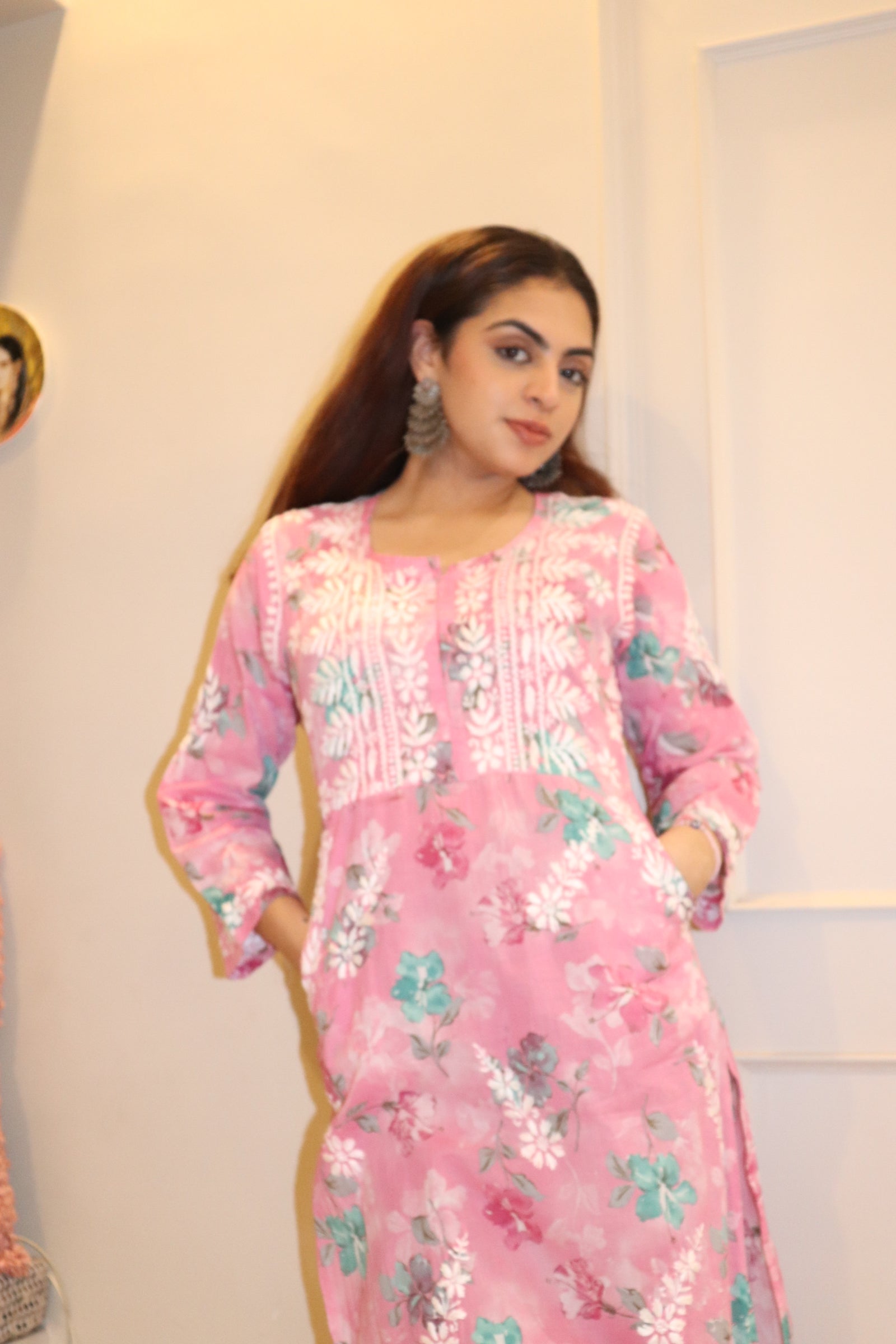 Pink Mulmul Pocket Kurti With White  Embroidery.