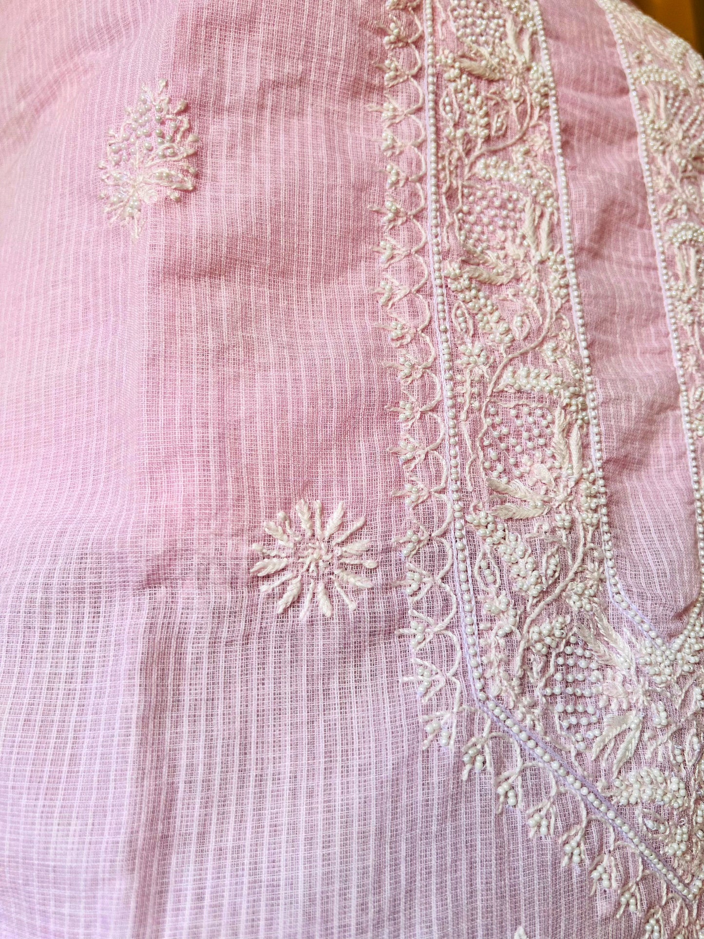 Pink Kota Chikankari Unstitched Kurta with Pearl Work