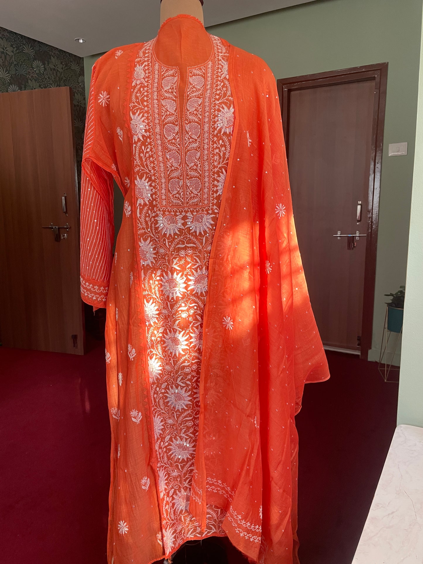 Orange Chikankari Suit Set