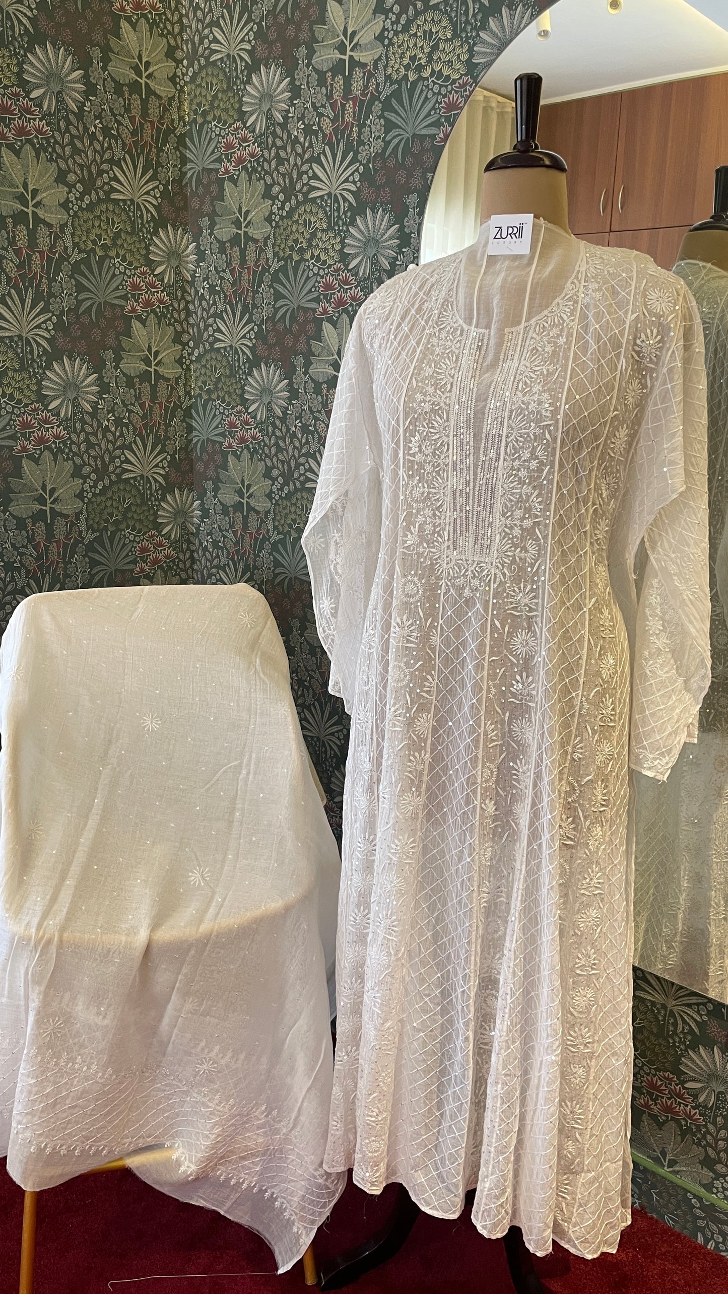 Semistitched White Chikankari Katdana Anarkali Suit Set