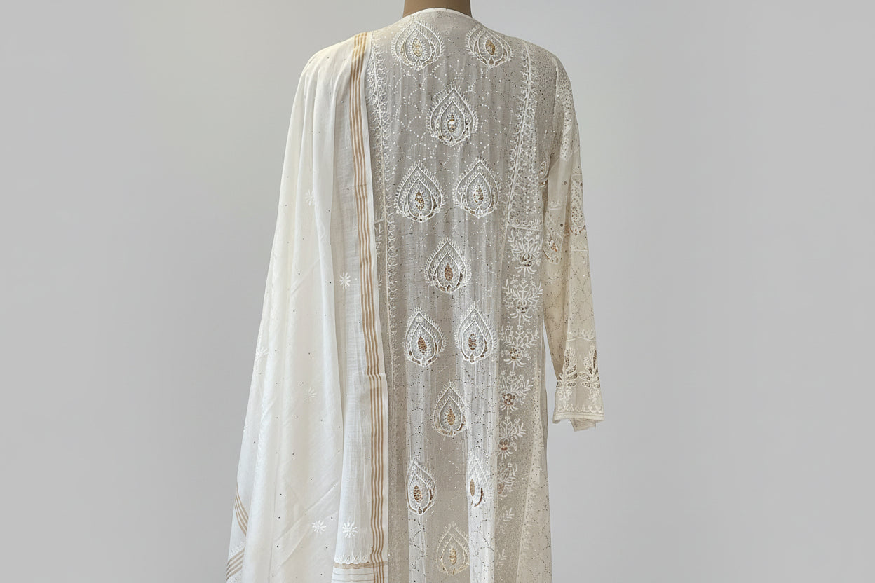 White Mulchanderi Chikankari With Mukaish Work Semistitched Suit Set