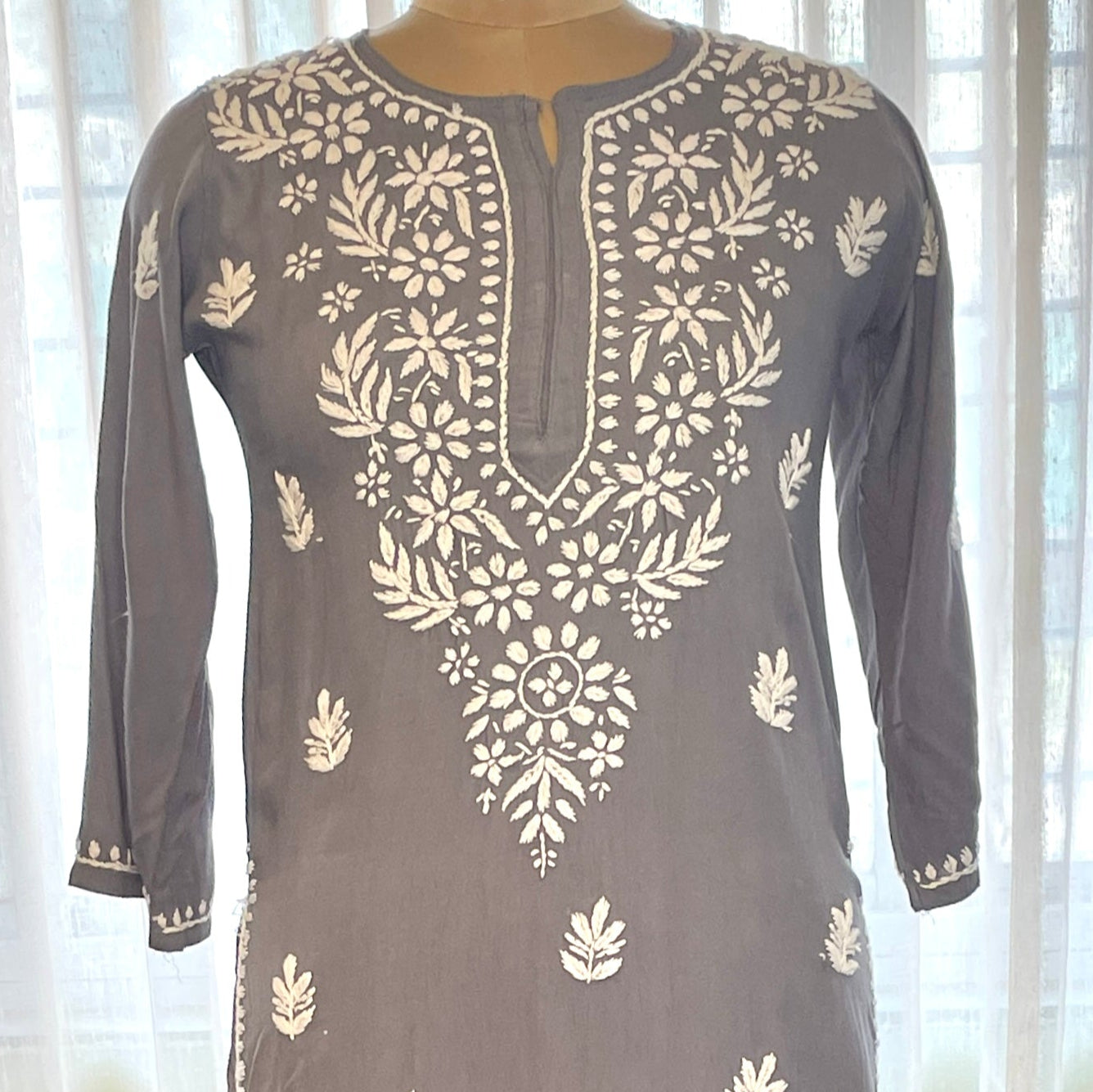 Grey Embroidery Chikanakri Rayon Long Kurti