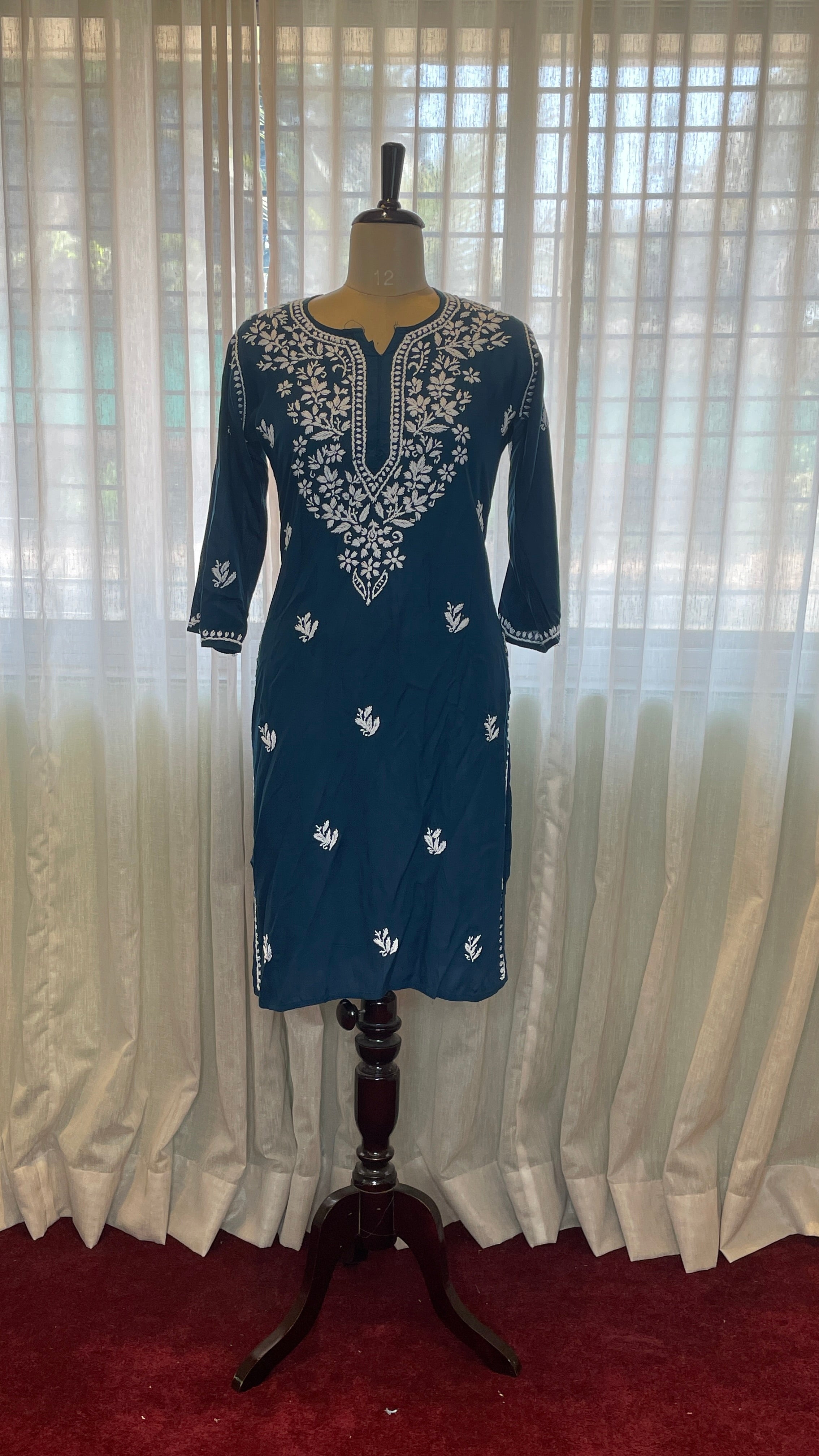Blue Embroidery Chikankari Rayon Long Kurti