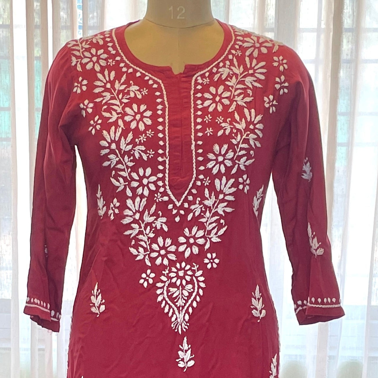 Red Embroidery Chikankari Rayon Long Kurti