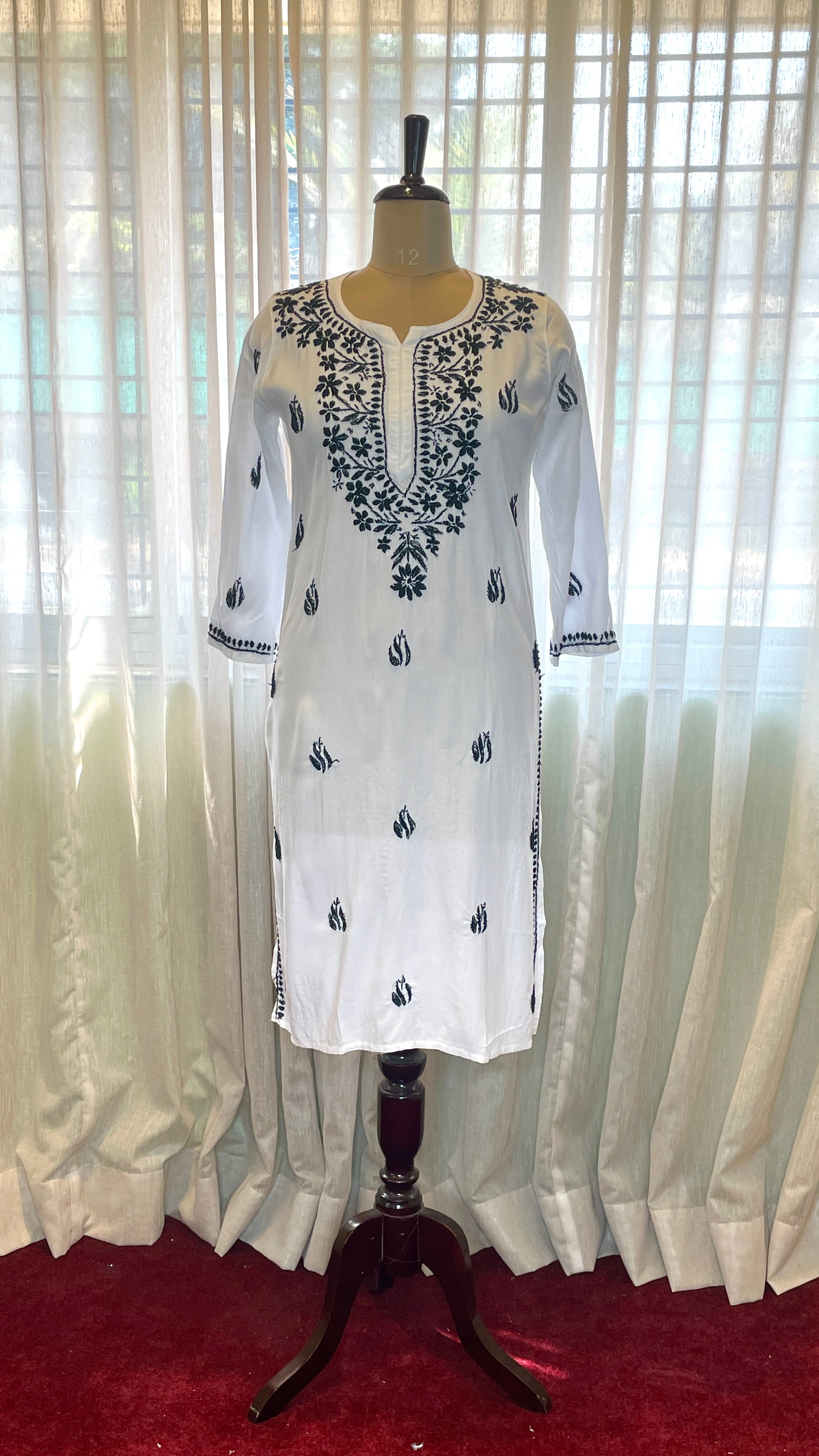 Black Embroidery Chikankari Rayon Long Kurti
