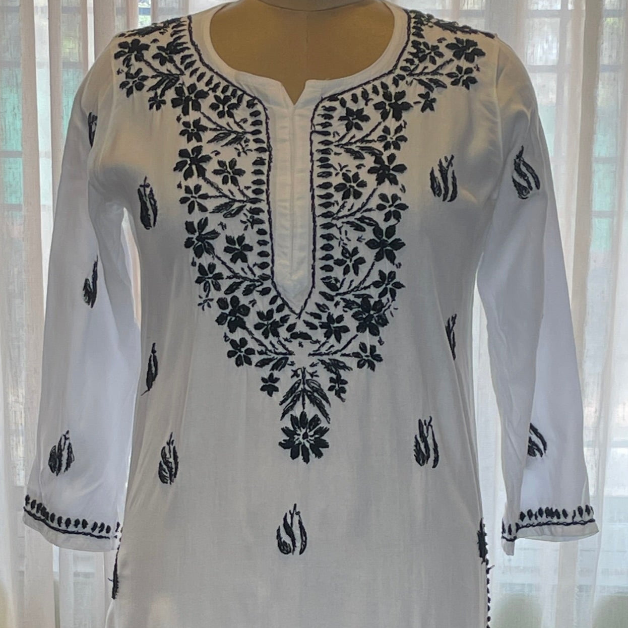Black Embroidery Chikankari Rayon Long Kurti