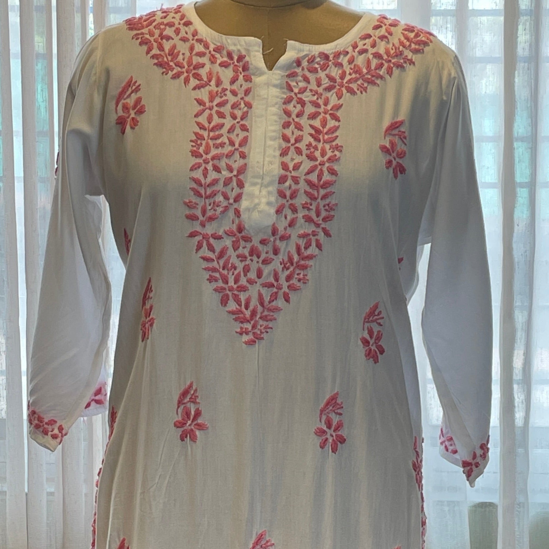 White and Pink Rayon Long Kurti