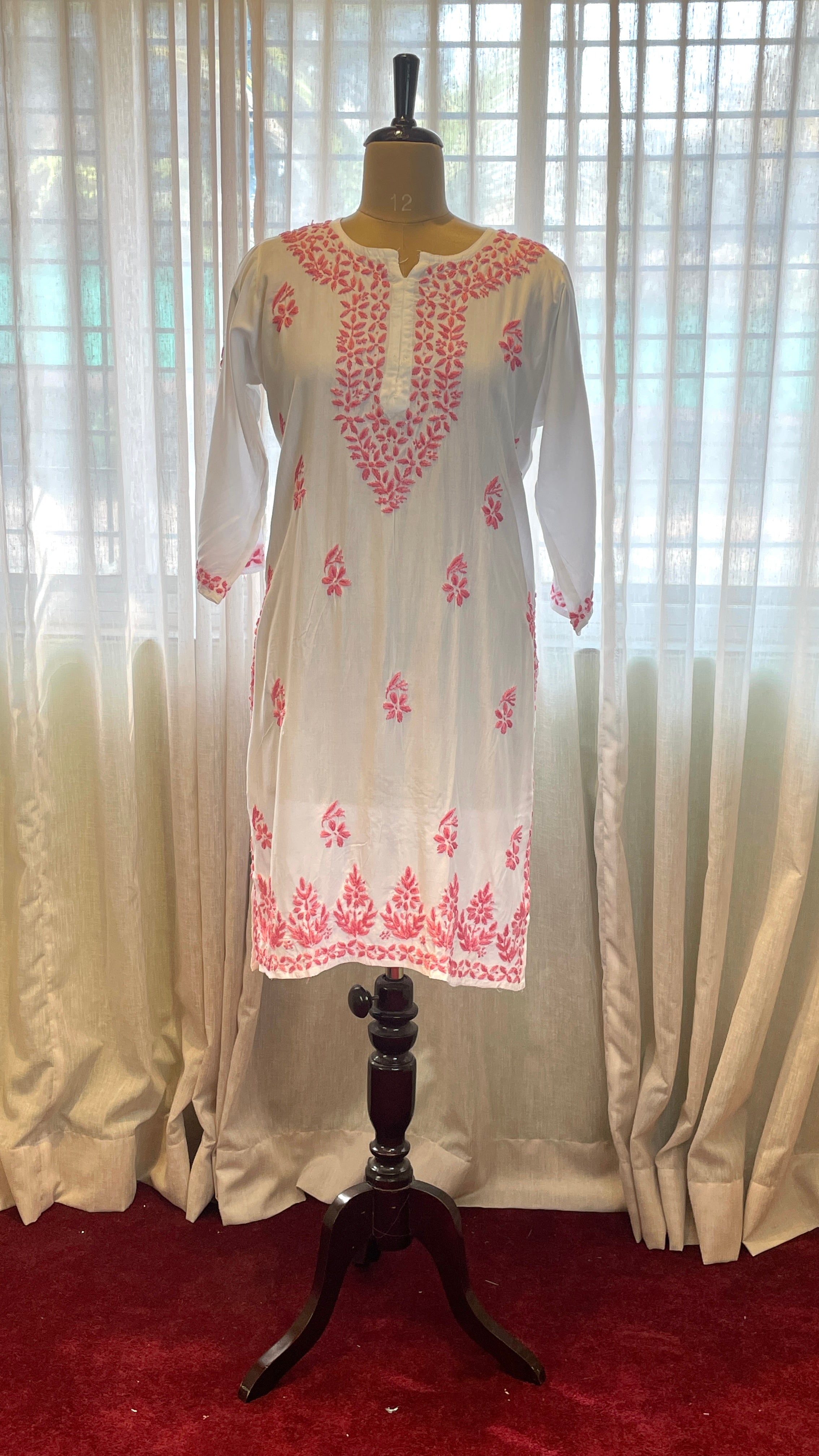 White and Pink Rayon Long Kurti