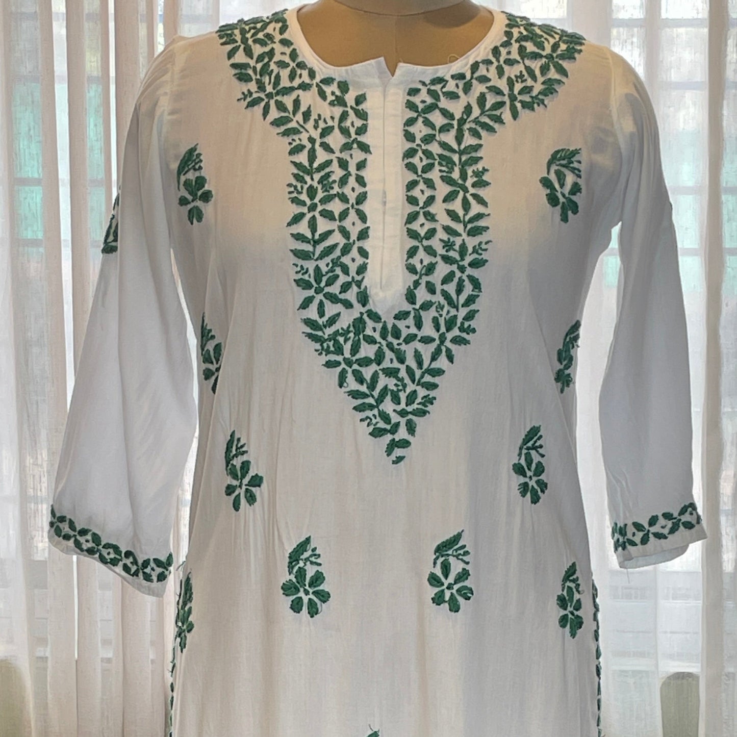 White with Dark Green Embroidery Rayon Long Kurti