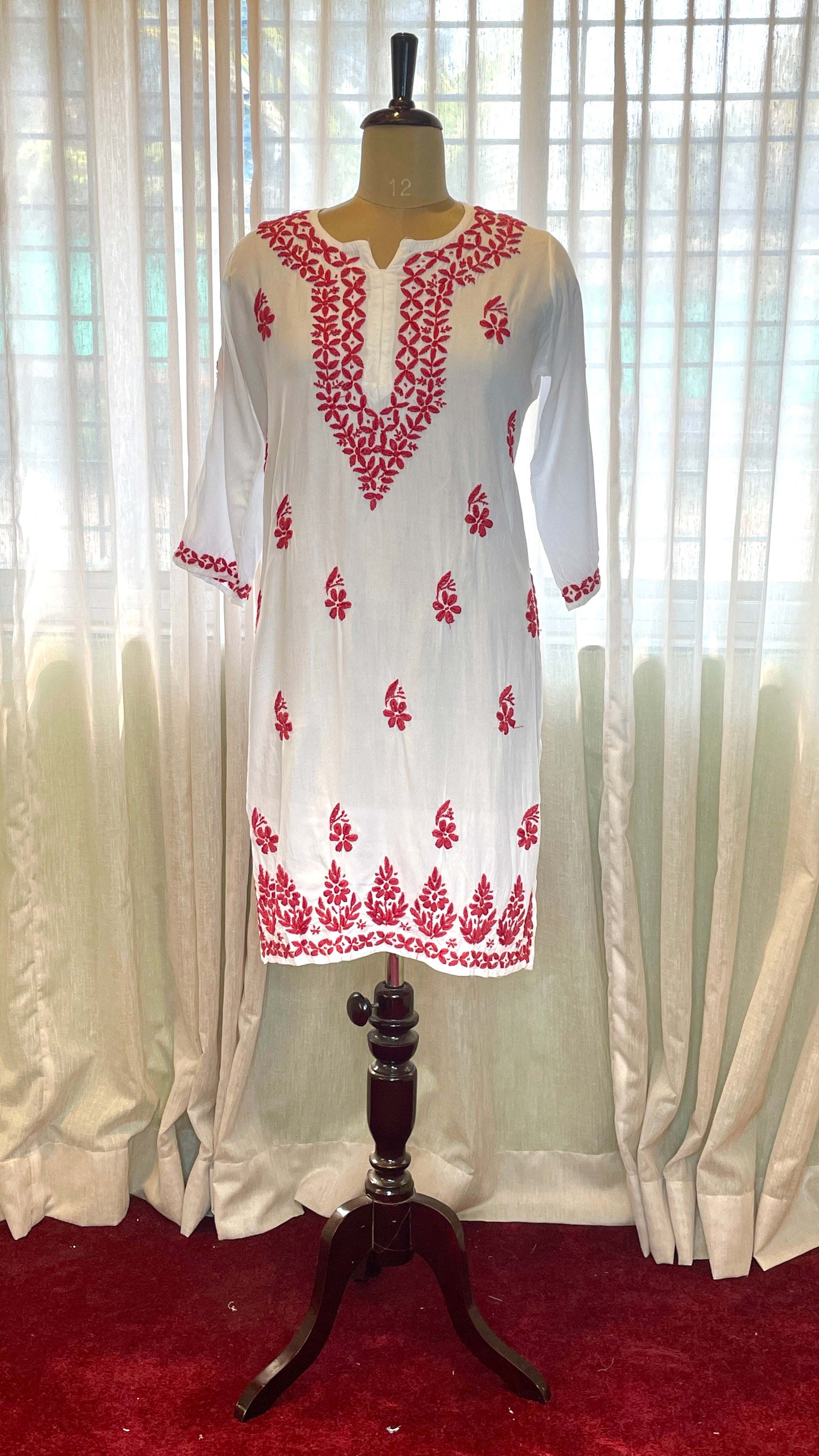 White and Pink Rayon Long Kurti