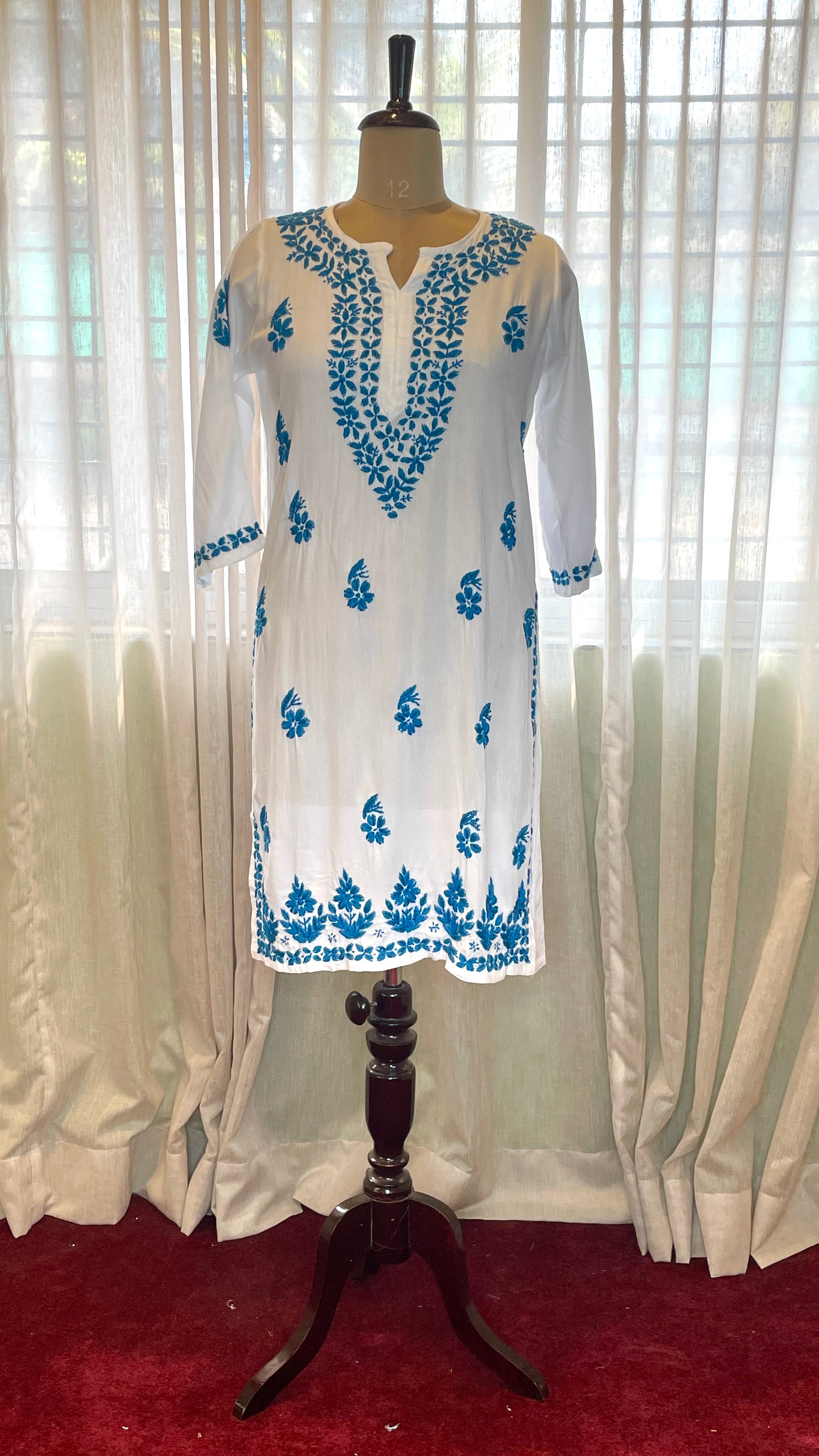 White and Blue Rayon Long Kurti